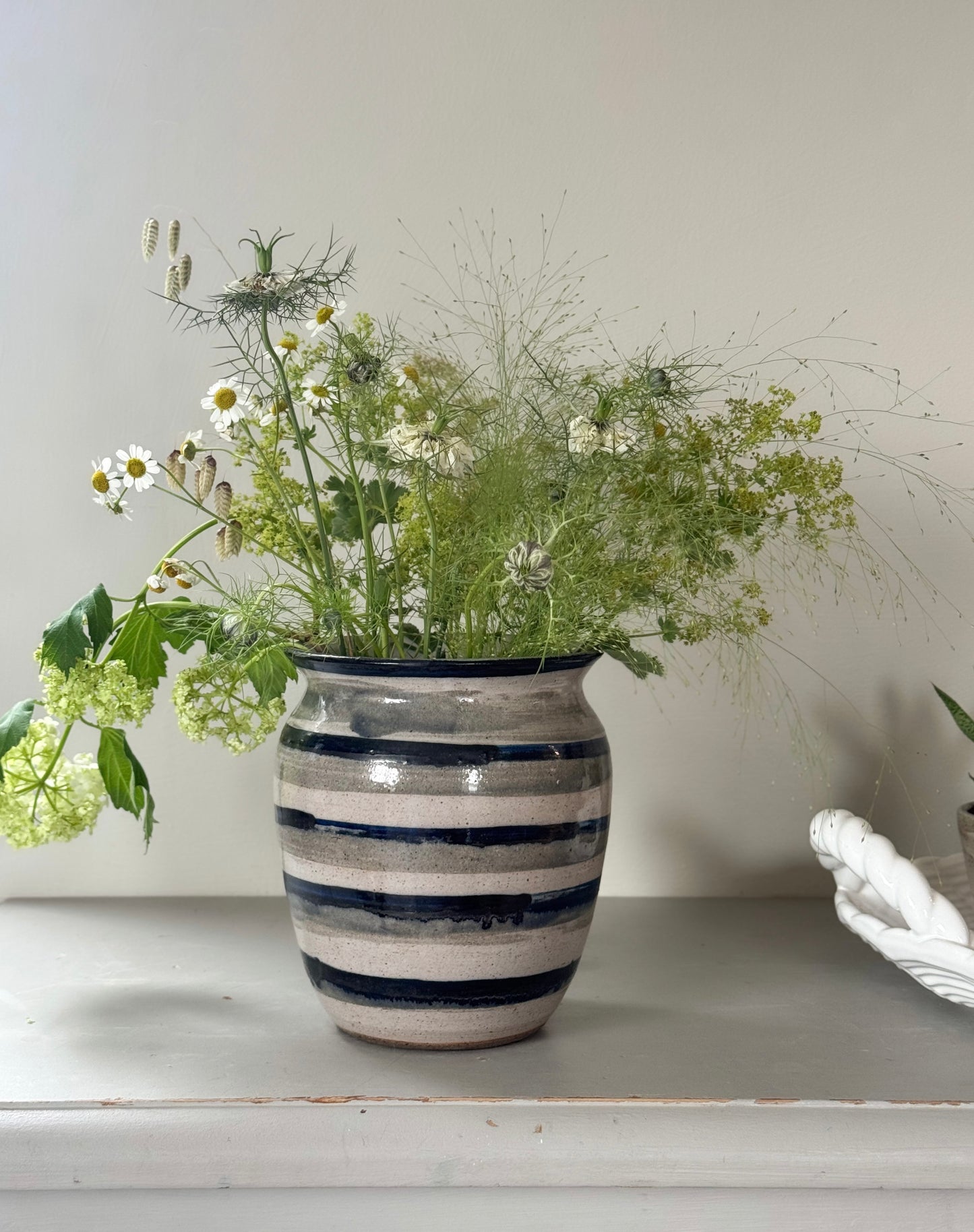 Large Studio Pottery Blue & Grey Striped Pot • Vase