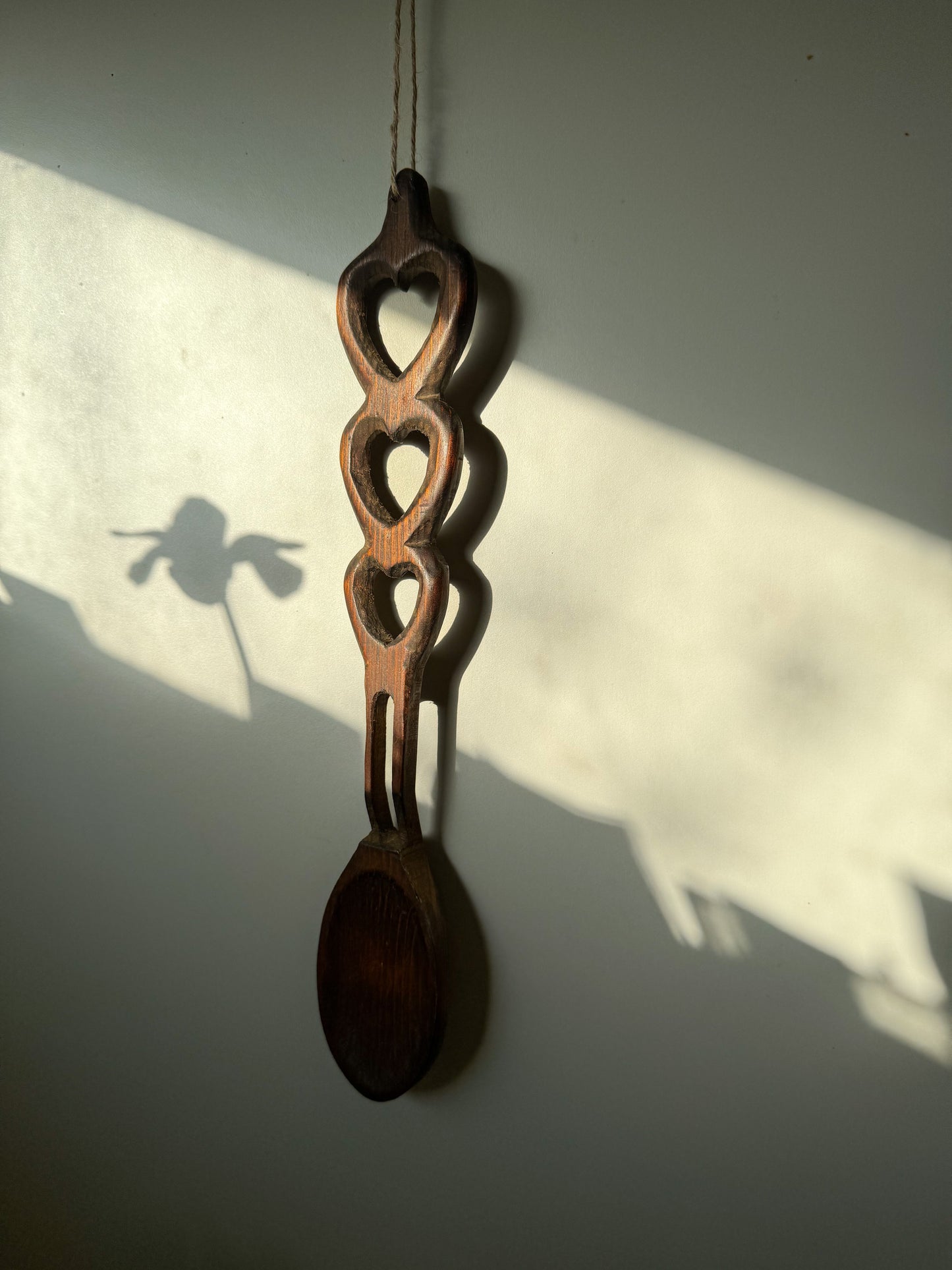Large Vintage Hand-Carved Welsh Love Spoon • Three Hearts • Tair Calon