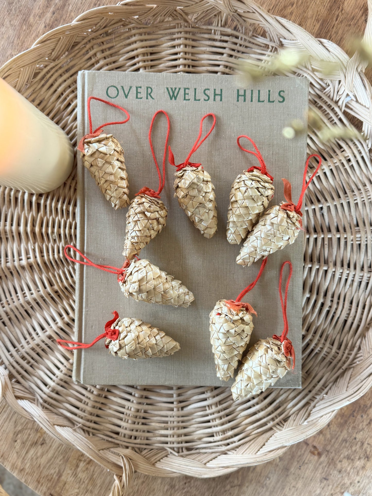 Vintage Midcentury Handmade Straw Pinecone Christmas Tree Decorations • Set of 9