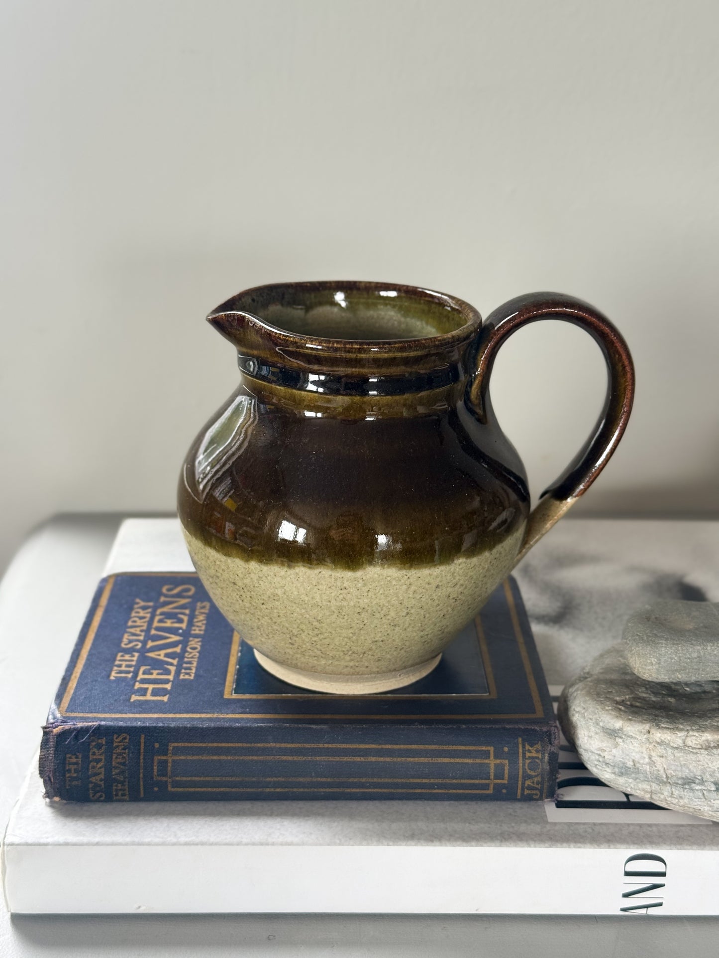 Vintage Two-Tone Studio Pottery Jug, Olive Green & Oat