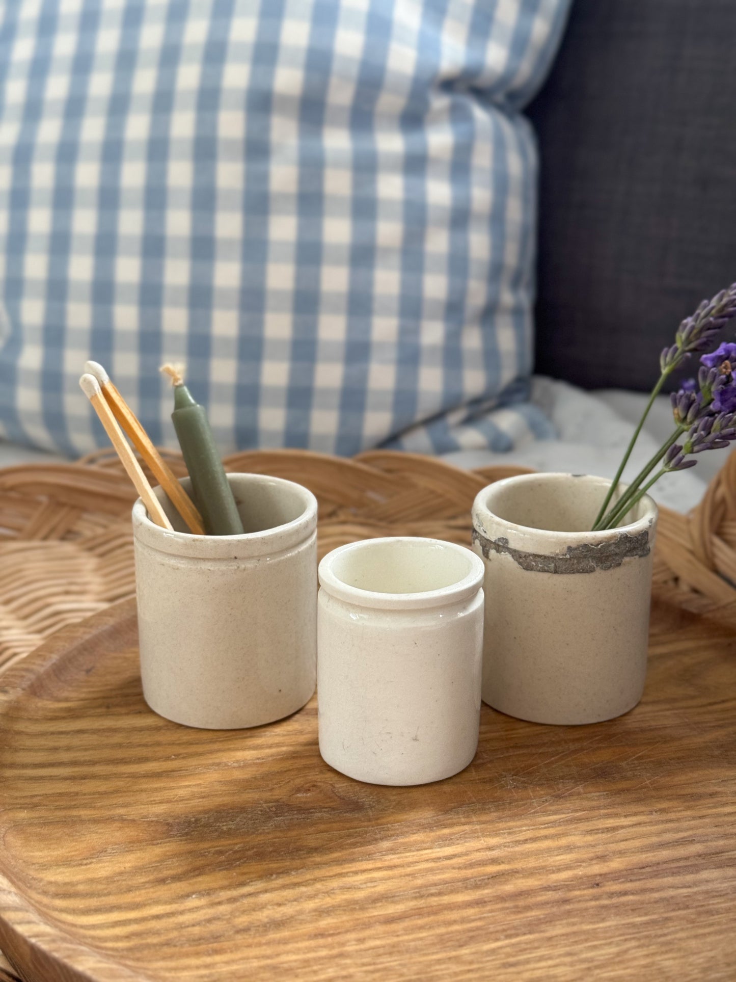 Set of 3 Antique Stoneware Paste Pots • Neutral Tones & Timeless Form