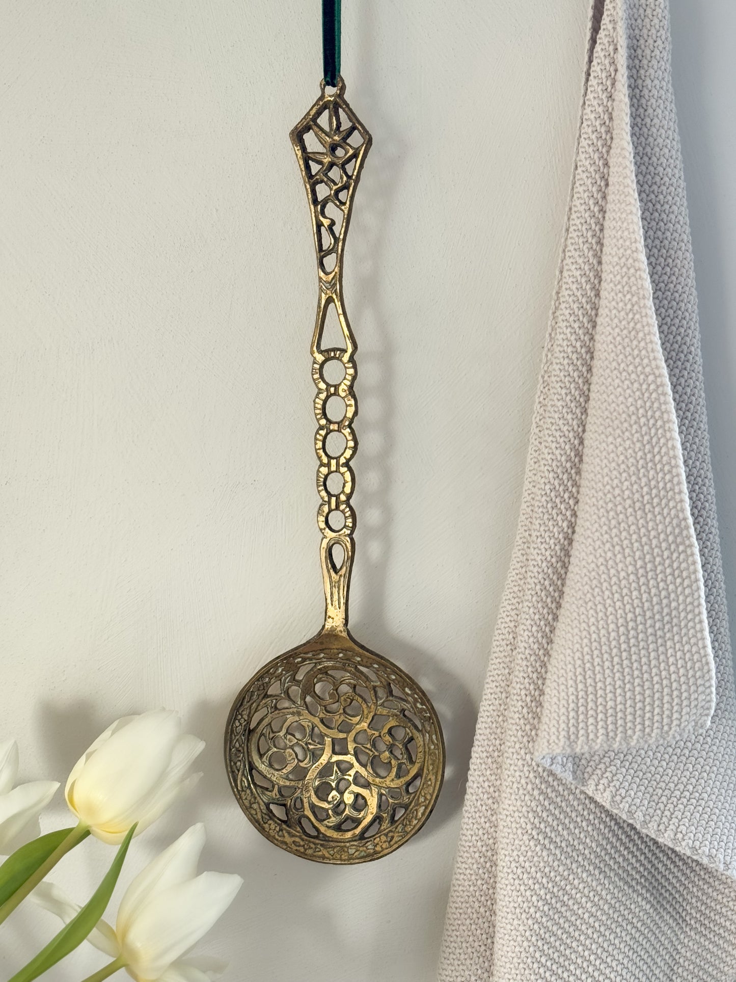 Vintage Solid Brass Hand Etched Slotted Ladle • Strainer