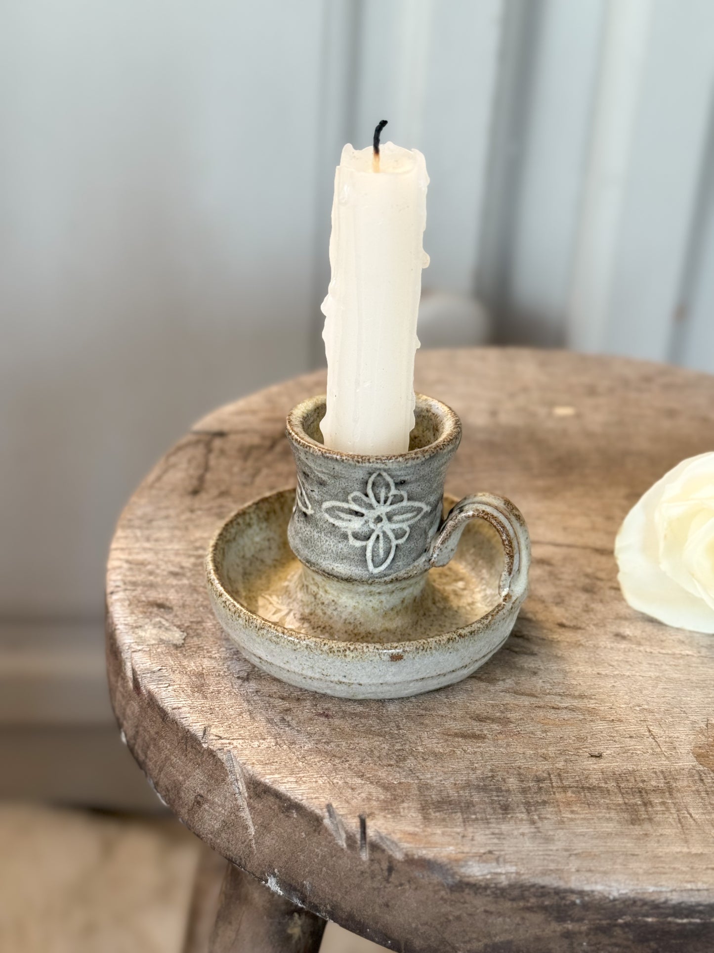 Vintage Wash Studio Pottery Floral Chamberstick, Bronant, Ceradigion