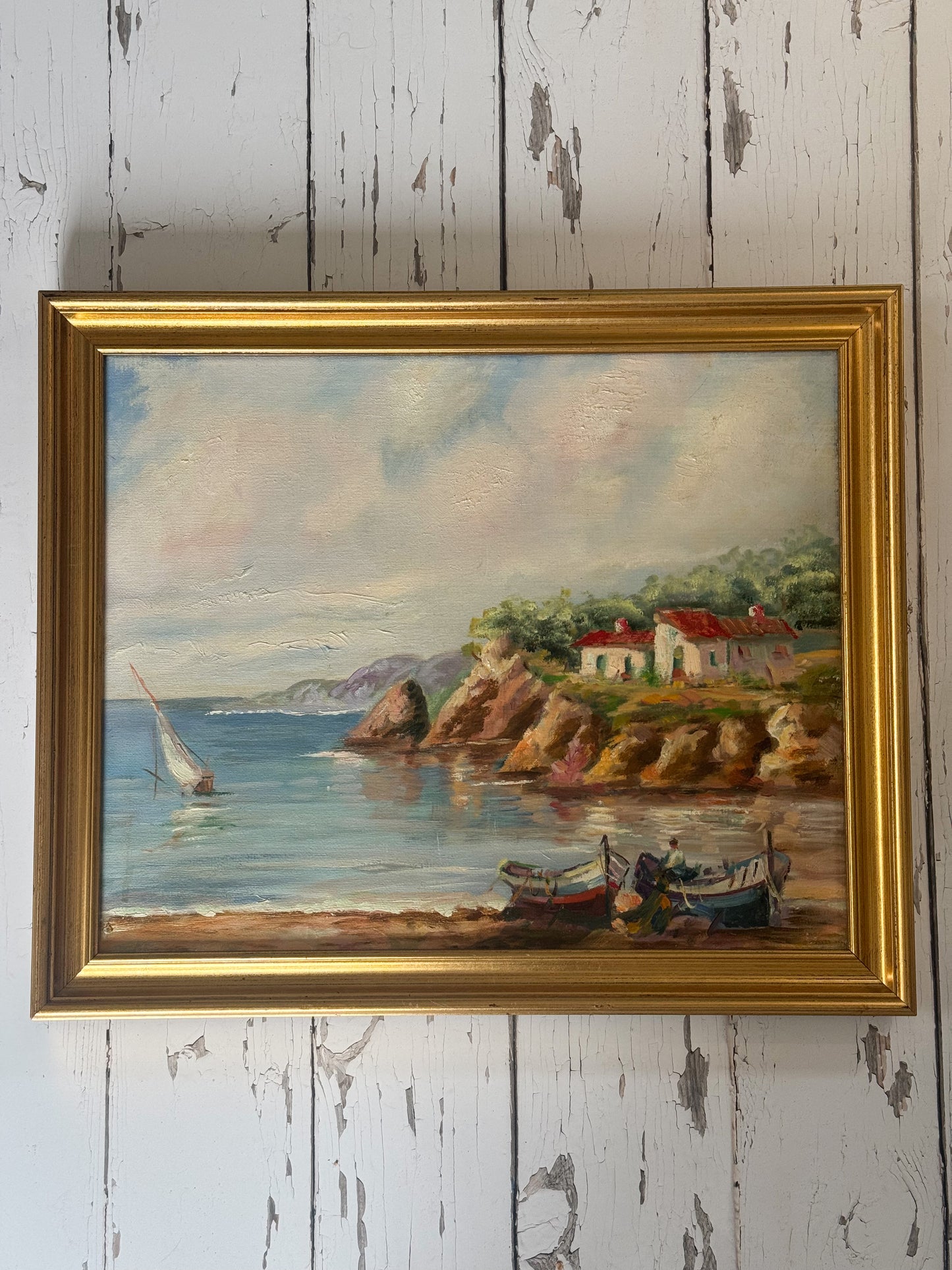 Vintage Original Framed Oil on Canvas - Impressionist Mediterranean Costal Scene