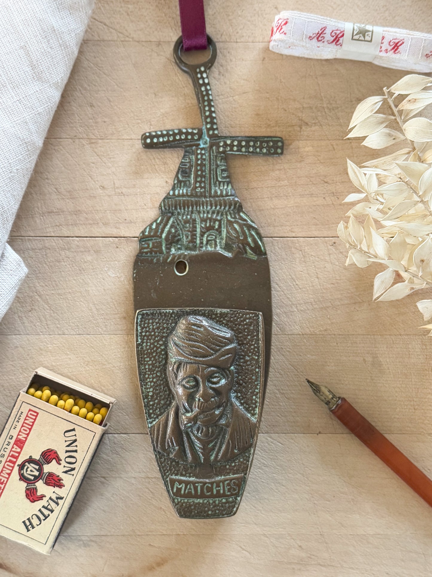 Antique Dutch Solid Brass Fireside Match Box Holder • Wall Mountable