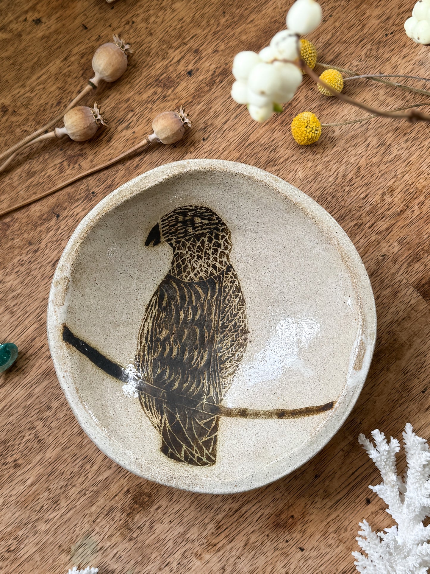 Vintage Studio Pottery Bird Bowl, Signed A.H