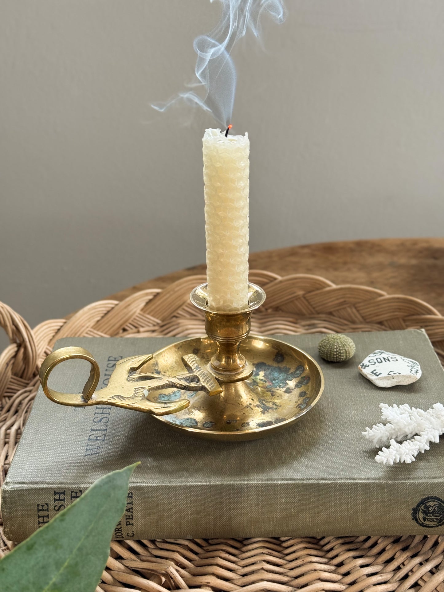 Vintage Solid Brass Ship’s Anchor Chamberstick with Natural Verdigris