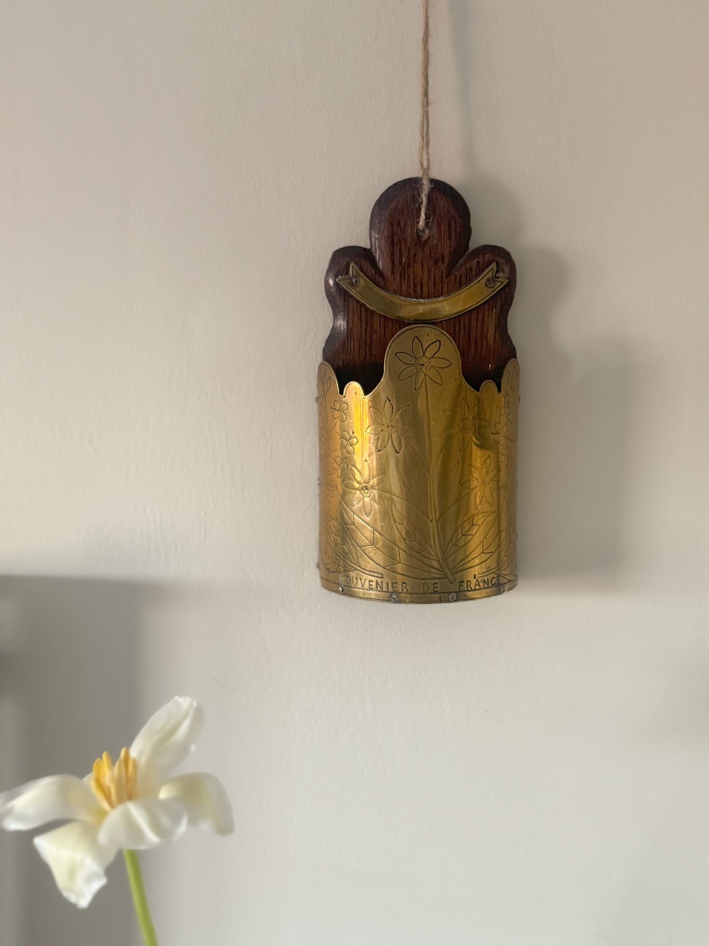 Antique French Brass & Oak Handmade Folk Art Wall Pocket | Candle Box