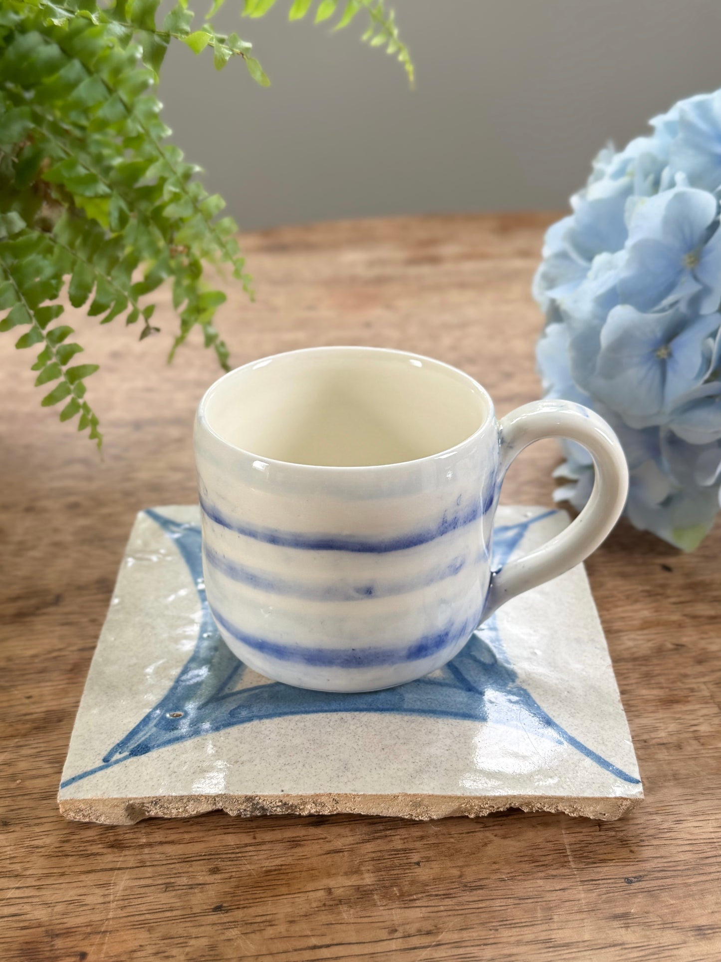 Vintage Studio Pottery Mug with Painterly Blue Waves
