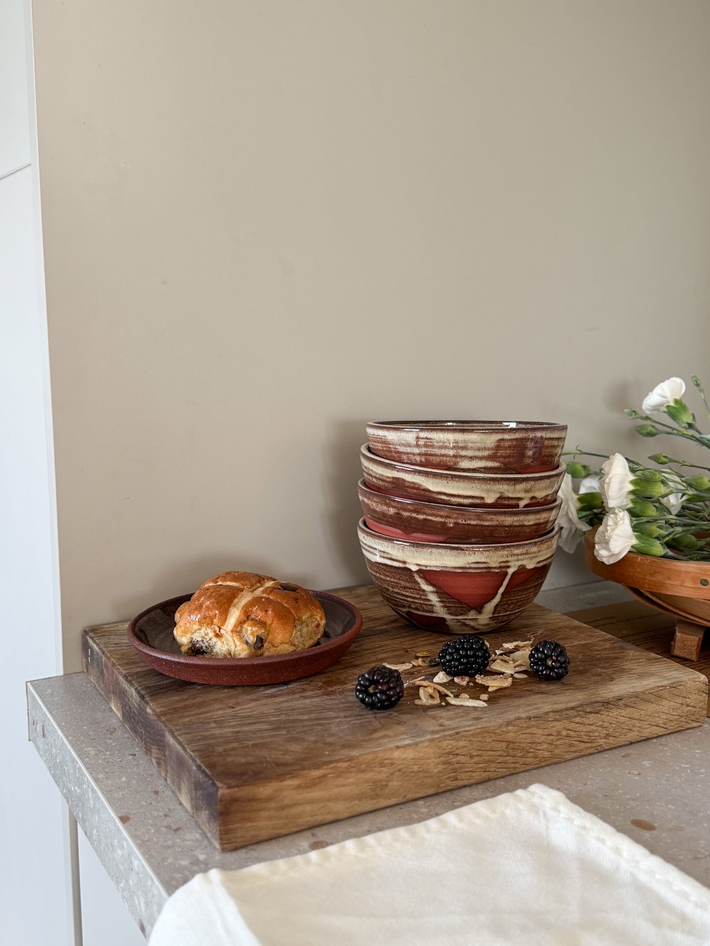 Studio Pottery Drip Glaze Swirl Bowls – Signed RW (Set of 4)