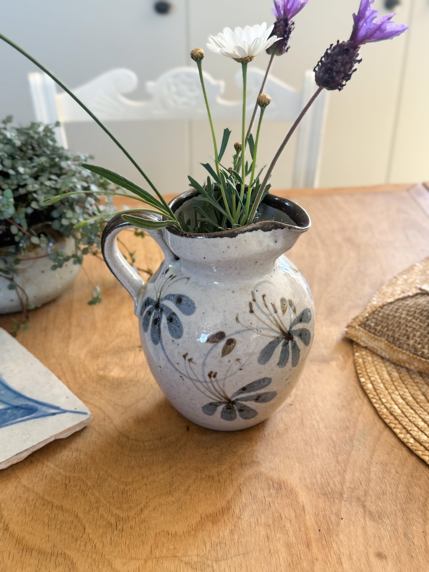 Vintage Handmade Studio Pottery Jug - Soft Blues with Floral Design