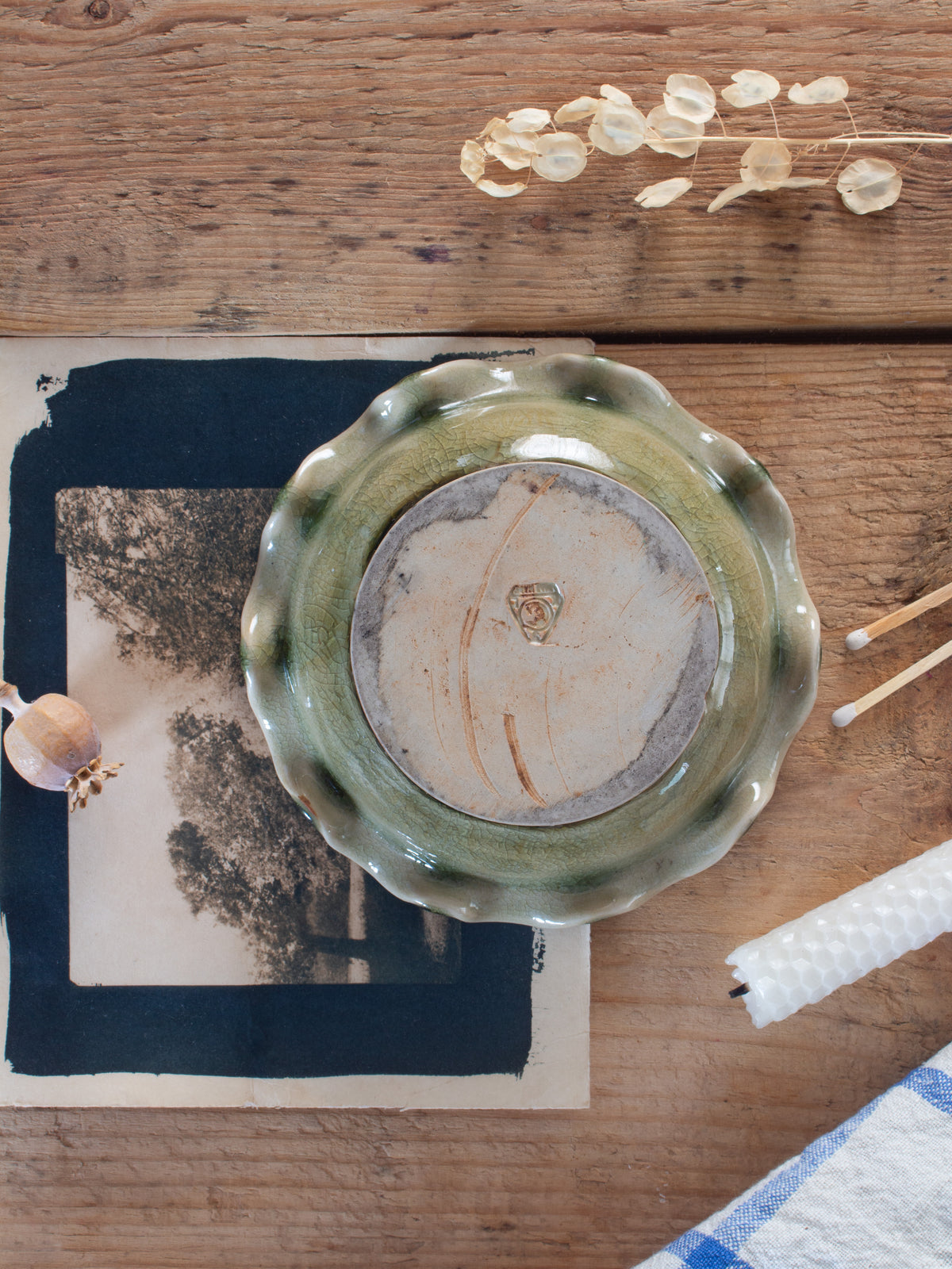 Vintage Thai Celadon Green Studio Pottery Scalloped Candle Holder