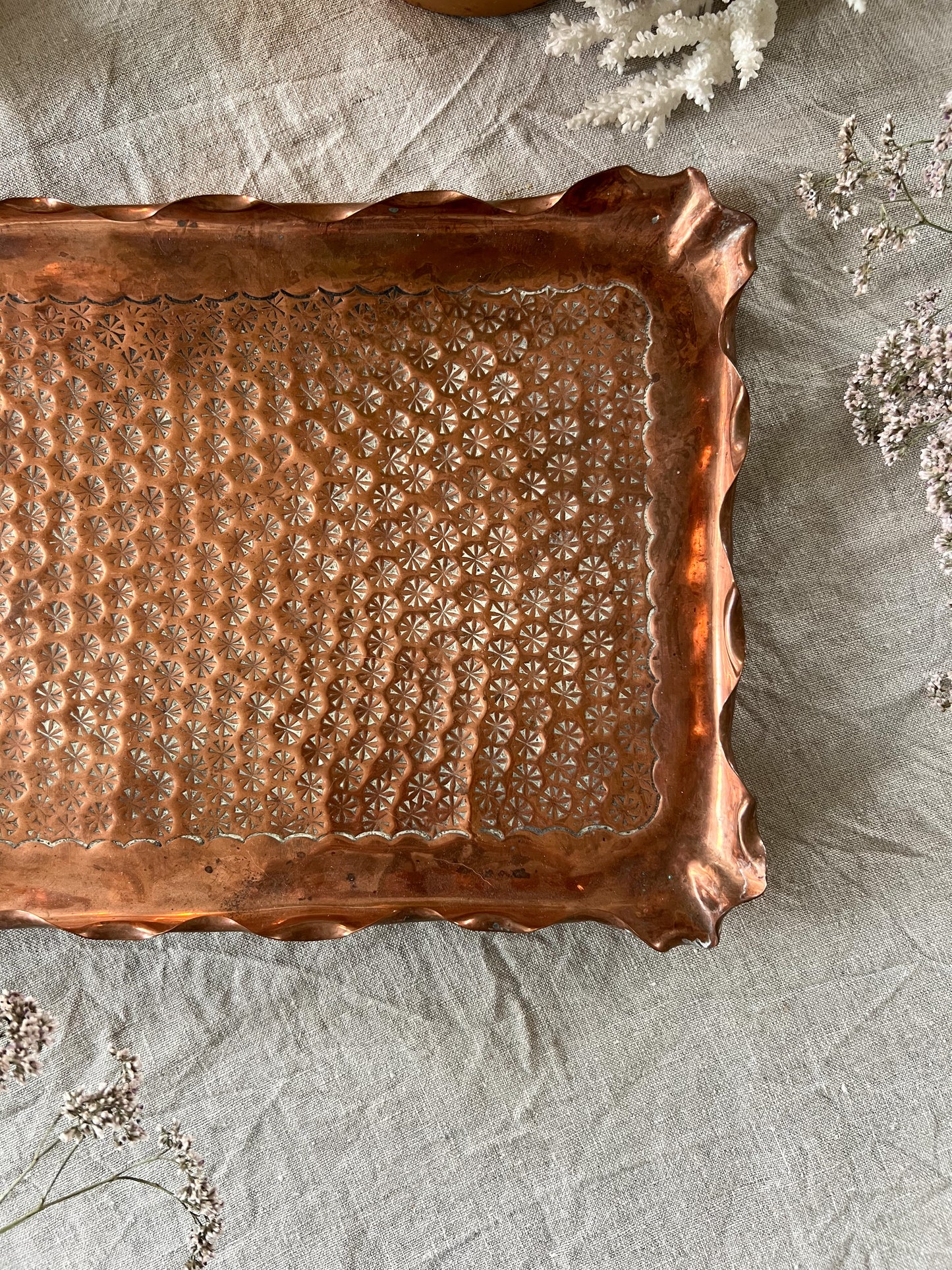 Antique Floral Ruffled Copper Tray