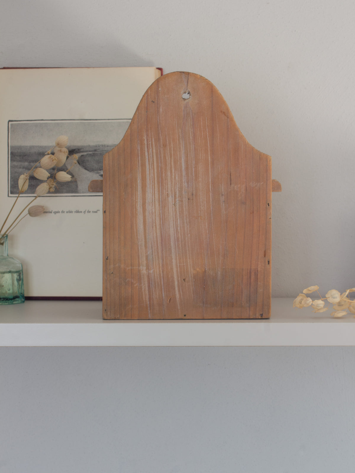 Vintage Handmade Wall-Mounted Wooden Salt Box, Enamel Coffee Cup Design