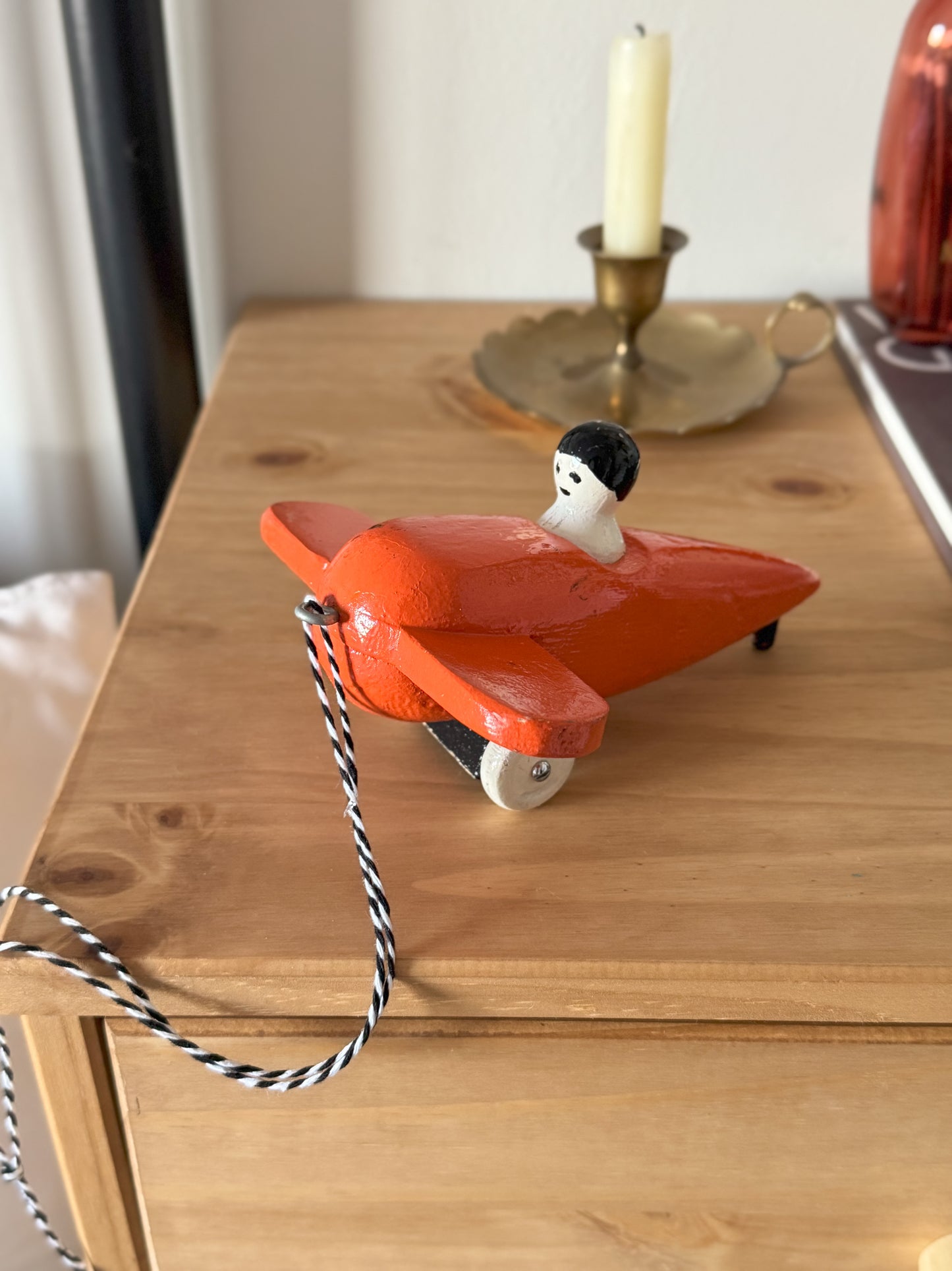 Vintage Midcentury Folk Art Wooden Pull Along Aeroplane
