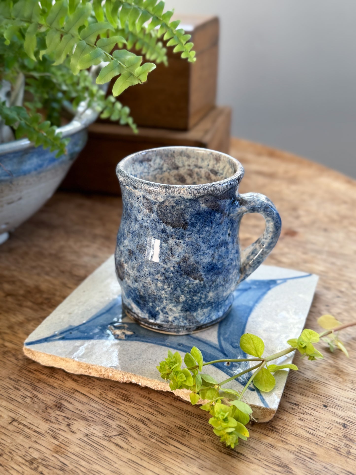 Studio Pottery Flat White Mug, Mottled Blue Sea Glaze