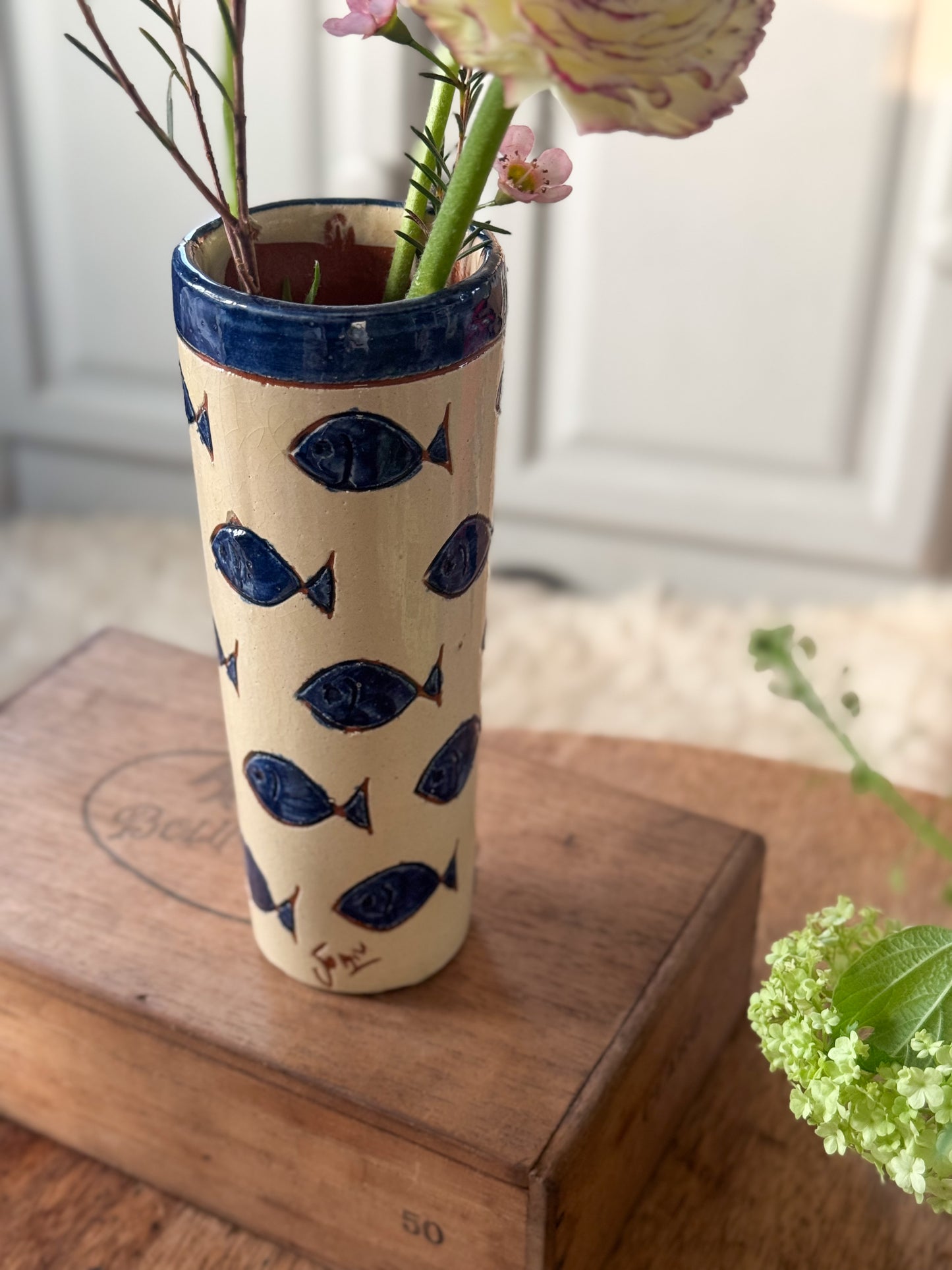 Unique Vintage Terracotta Slipware Fish Vase • Signed Joan