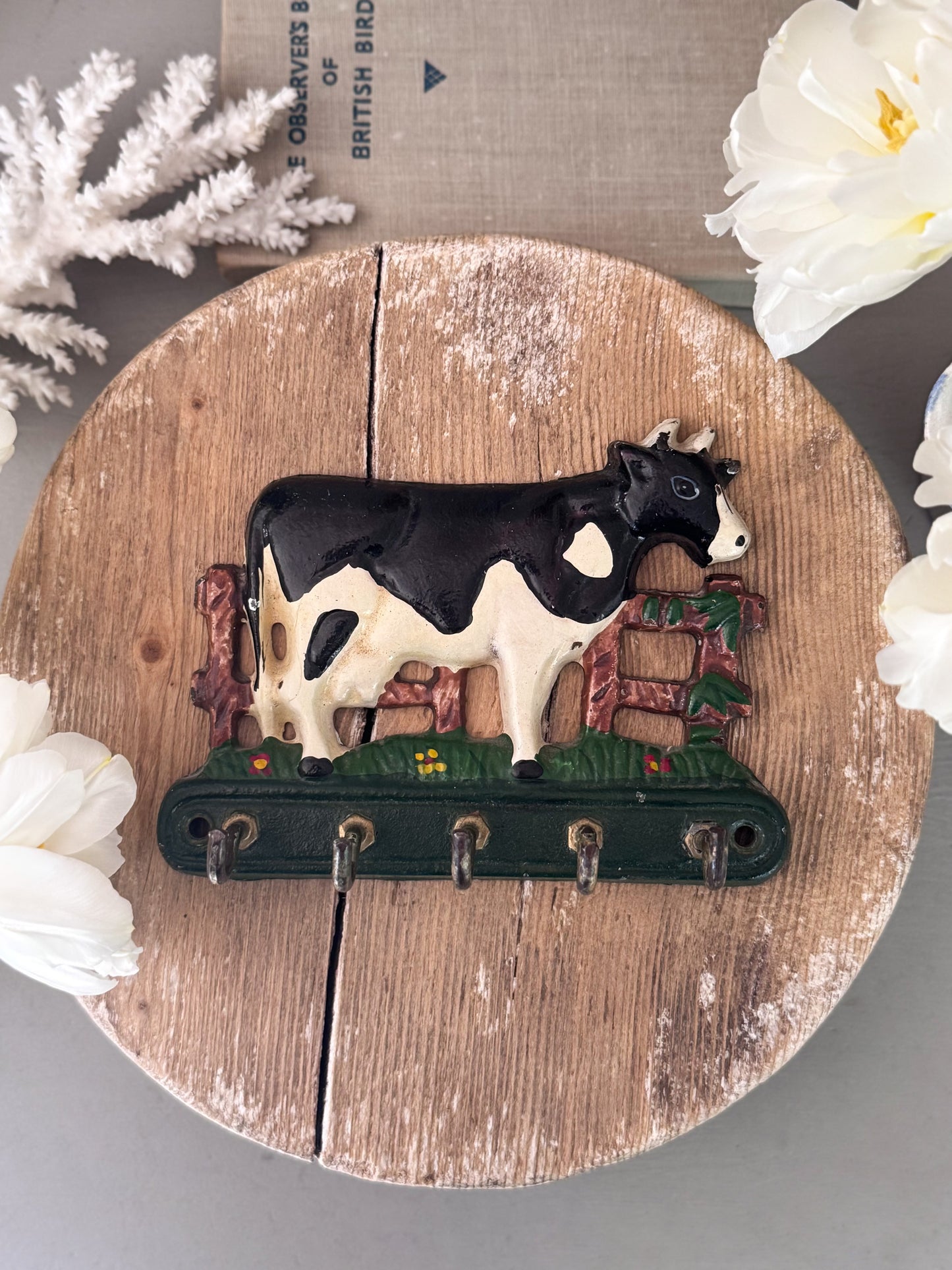 Vintage Hand-Painted Cast Iron & Brass Cow Key Hooks