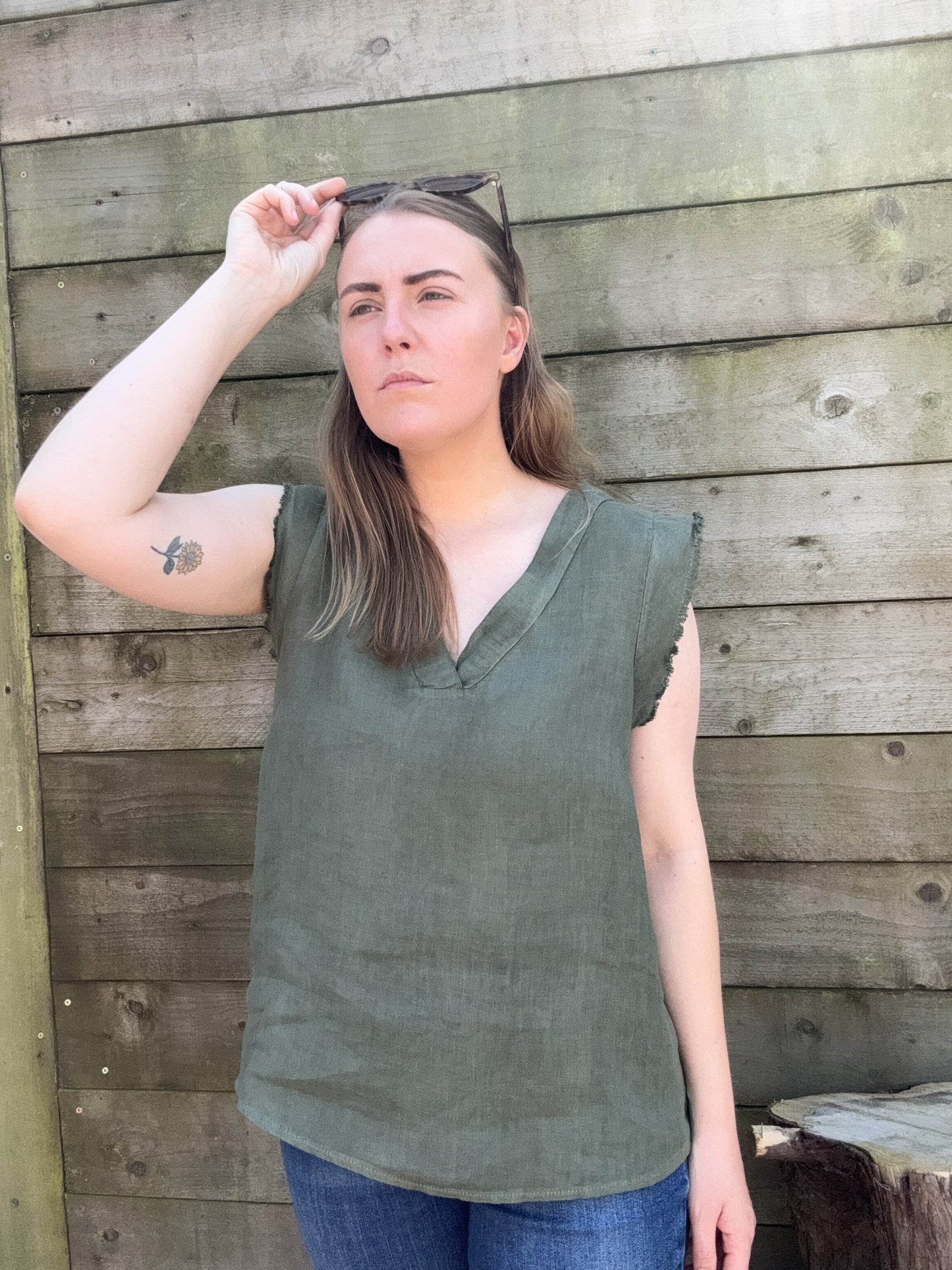 Vintage 100% Linen Top, Olive Green, Made in Italy, Size M-L