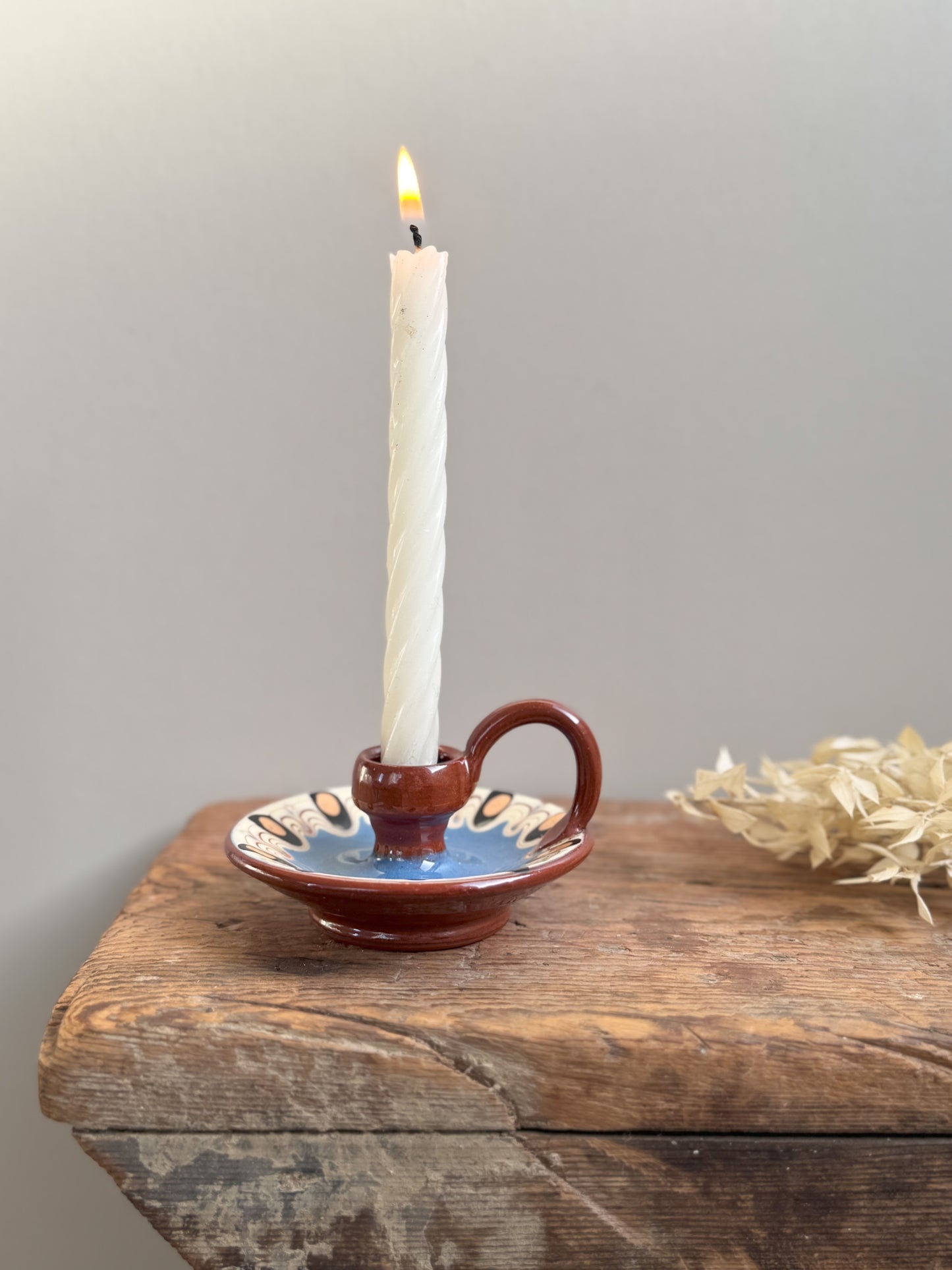 Vintage Midcentury Bulgarian Troyan Pottery Slipware Miniature Chamberstick