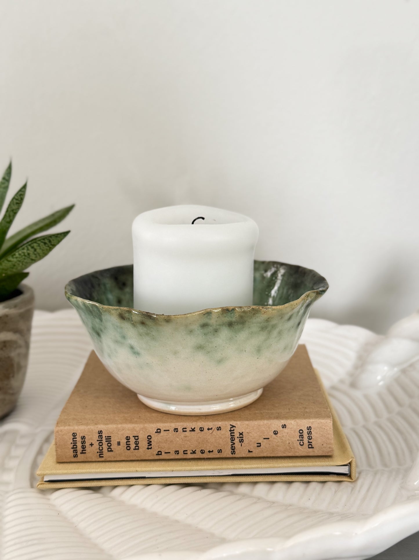 Vintage Studio Pottery Bowl with Scalloped Edge and Painterly Green Glaze