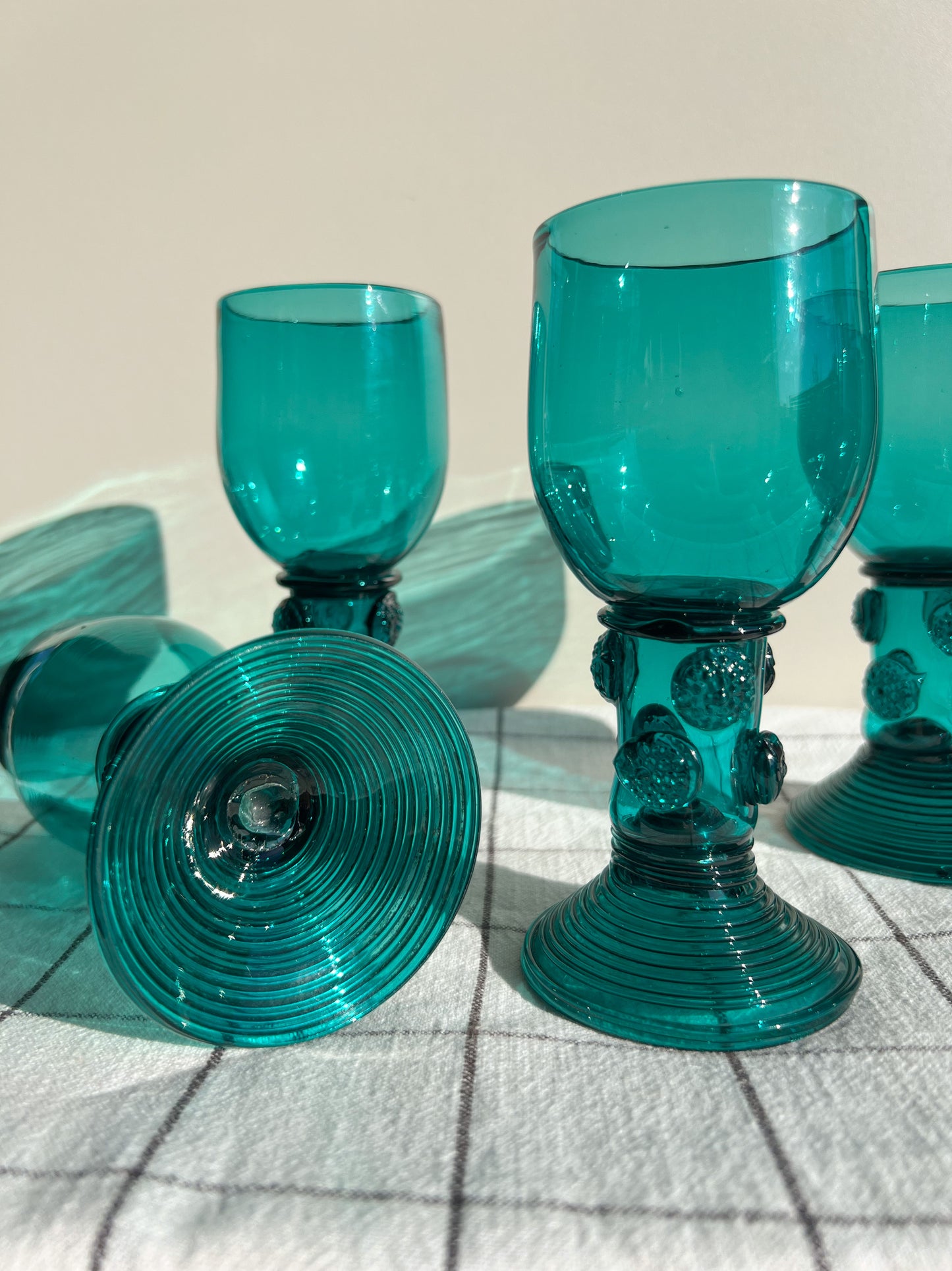 Antique c1820 German Rhenish Römer Turquoise Wine Goblets (Set of 5)