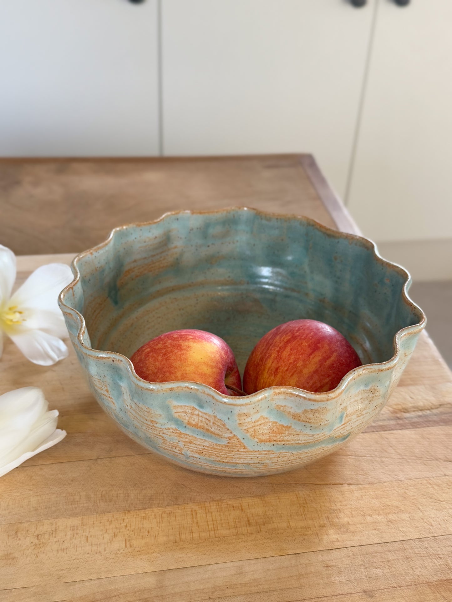 Vintage Large Studio Pottery Blue Scalloped Edge Bowl
