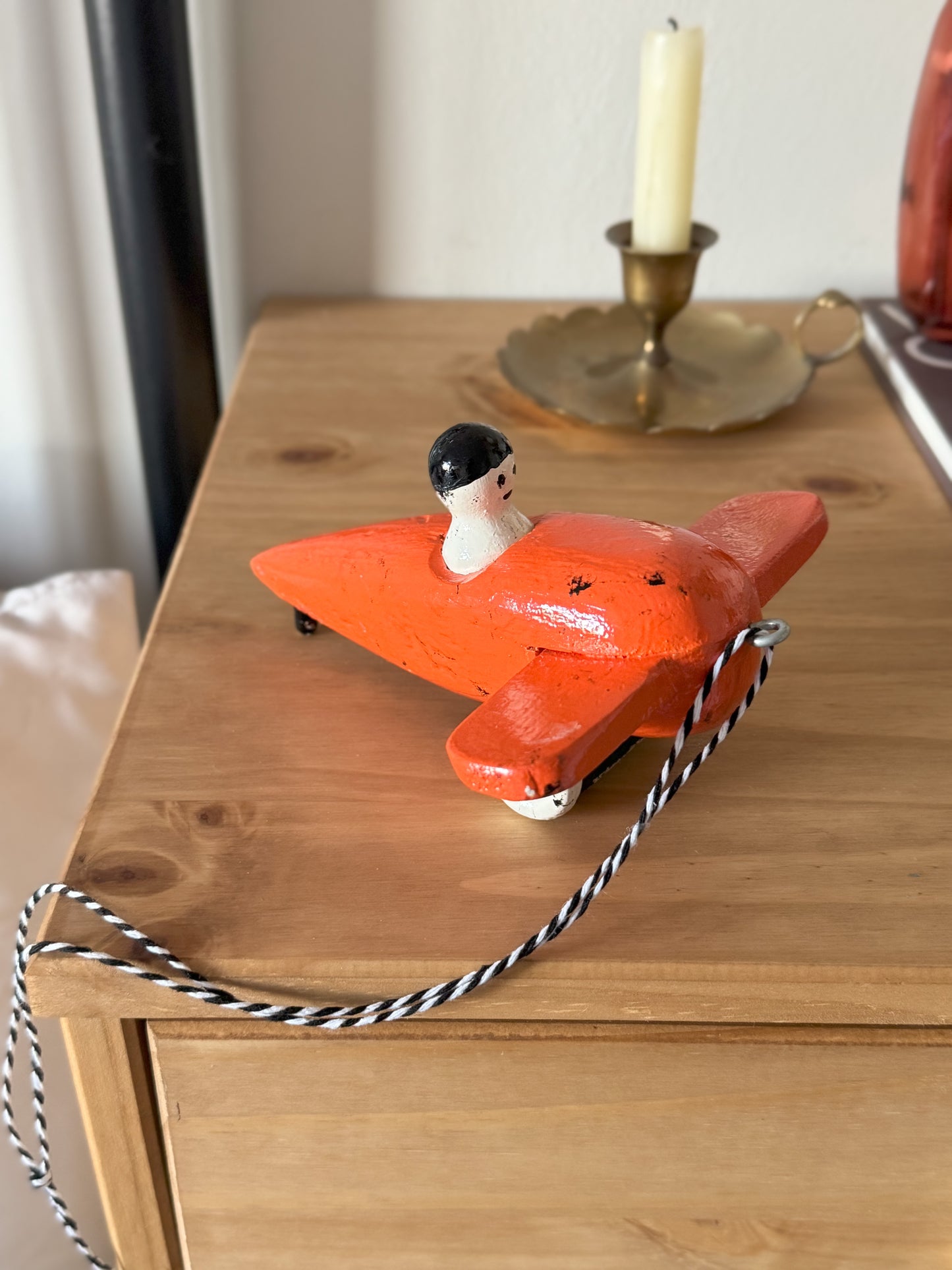 Vintage Midcentury Folk Art Wooden Pull Along Aeroplane