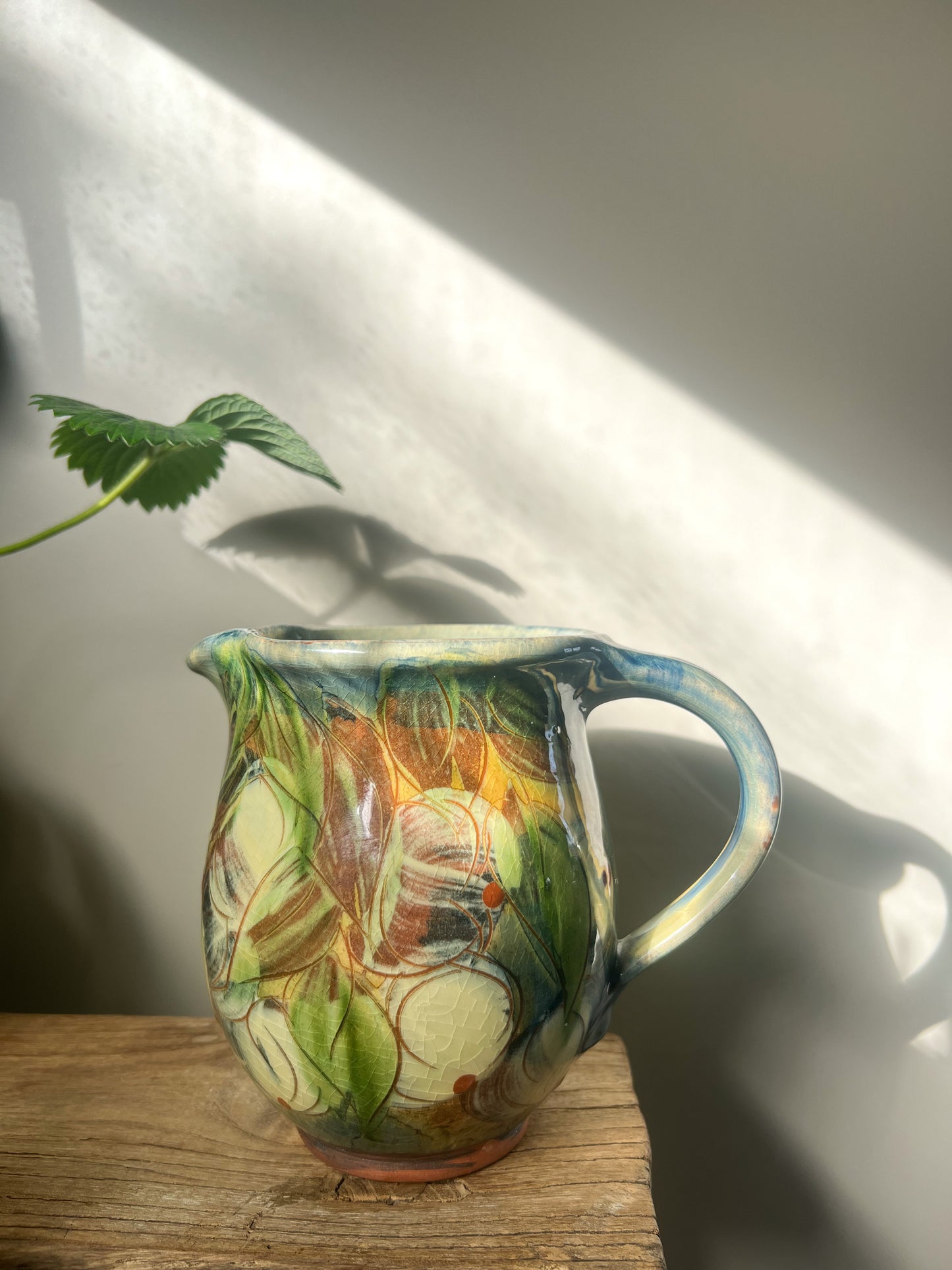 Studio Pottery Floral Terracotta Slipware Jug