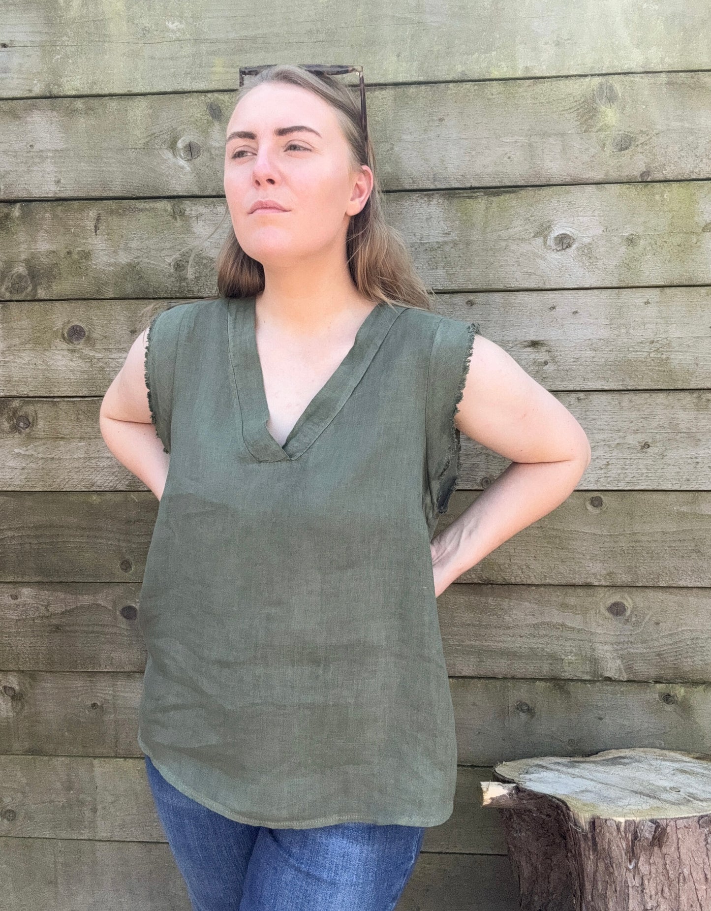 Vintage 100% Linen Top, Olive Green, Made in Italy, Size M-L