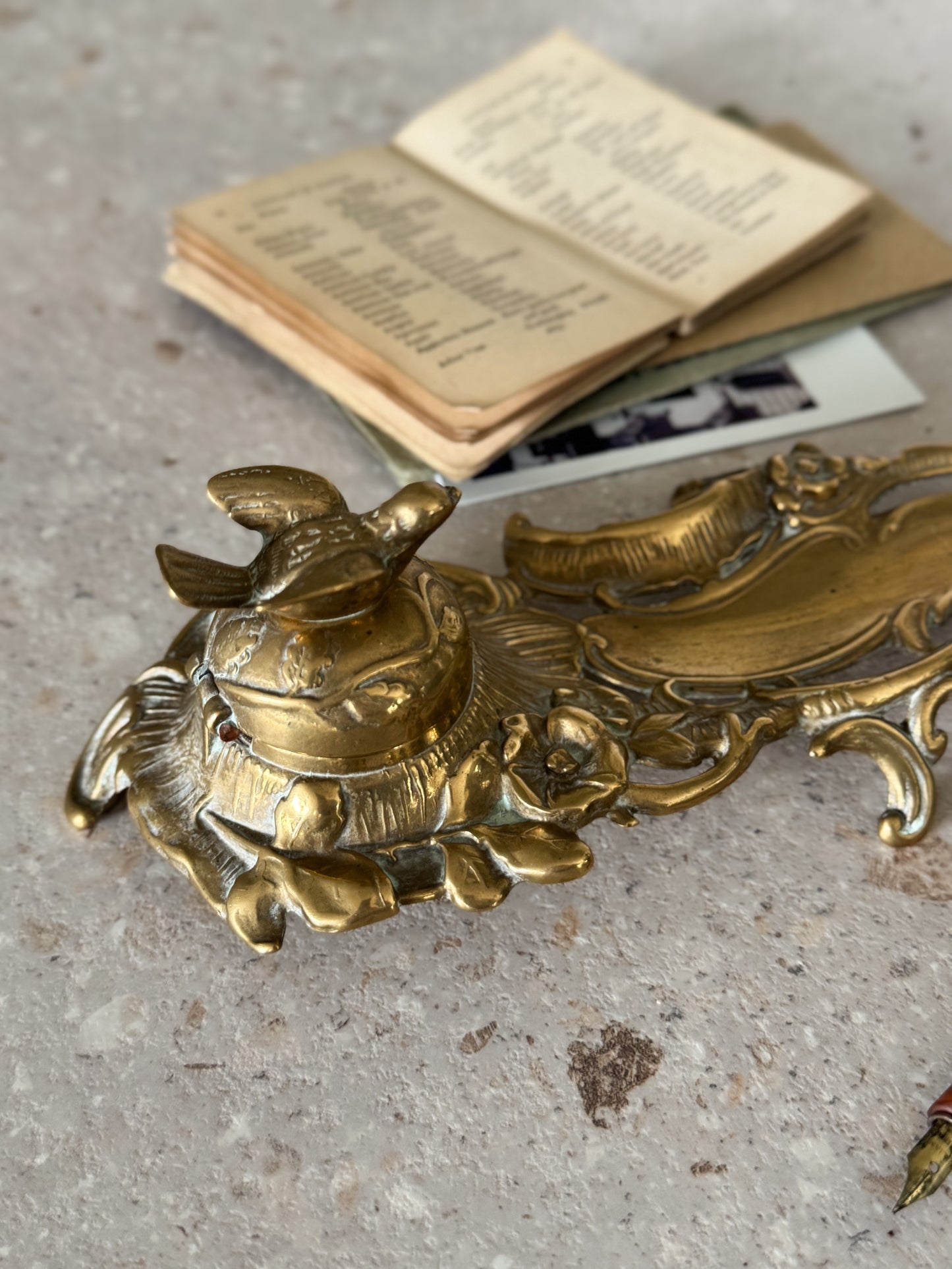 Antique Victorian Brass Inkwell with Ceramic Insert and Bird Detail