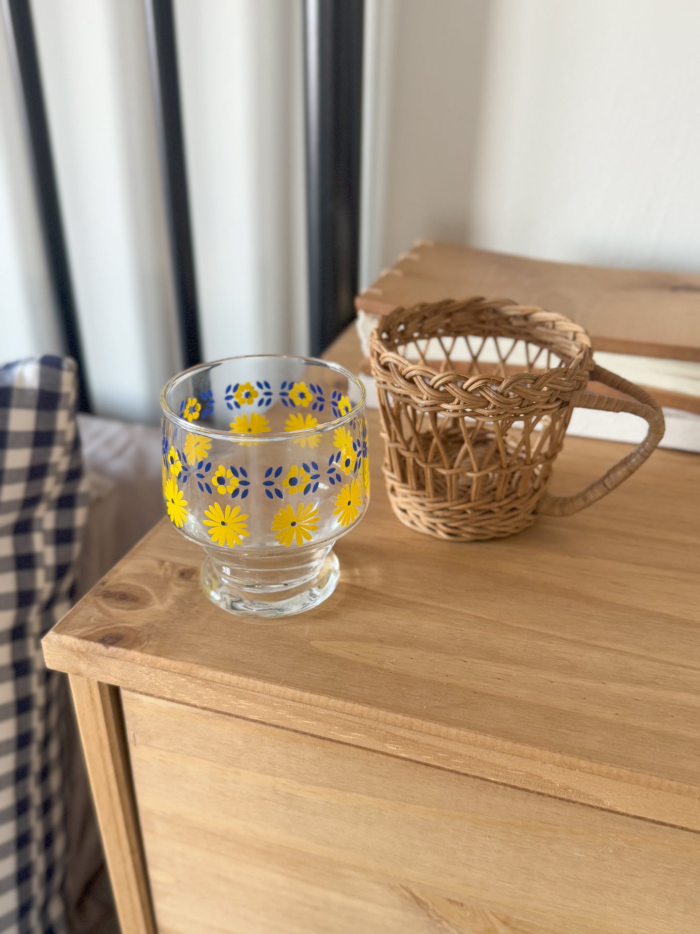 Vintage Midcentury Handblown Floral Drinking Tumbler with Wicker Casing