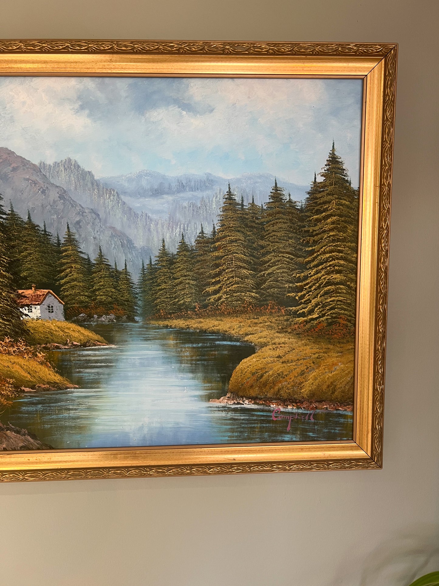 Framed Oil on Canvas, Riverside Cottage, Signed Campbell
