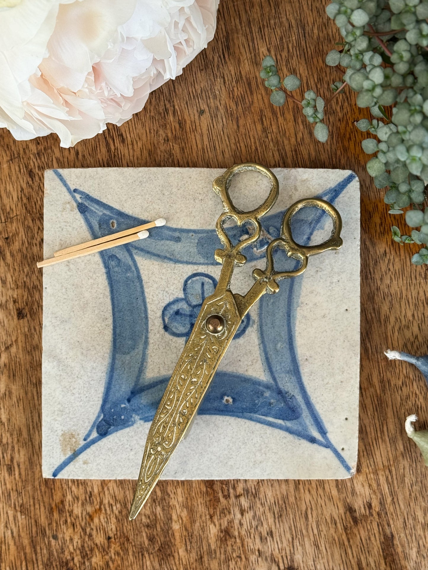 Victorian Brass Candle Wick Trimming Scissors | Intricate floral etching & heart shaped handles
