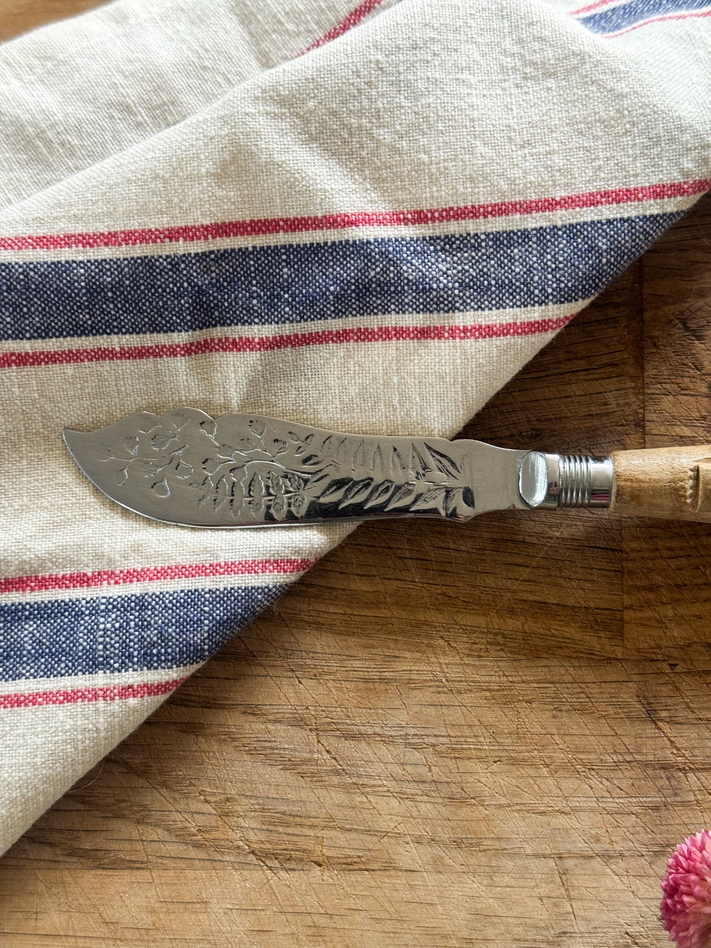 Vintage Chrome Plated Butter Knife with Hand-Carved Handle “Lands End”