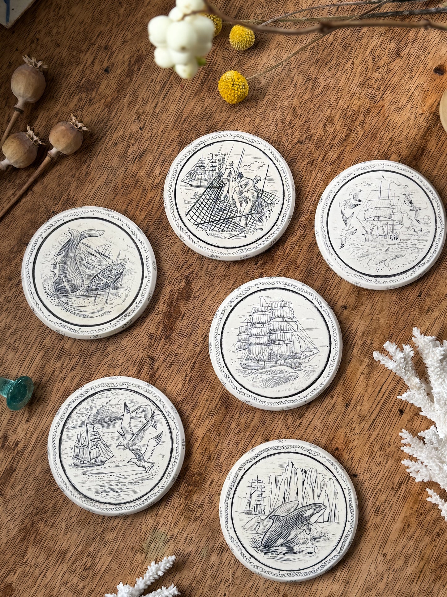 Set of 6 Vintage Etched Ceramic Nautical Coasters