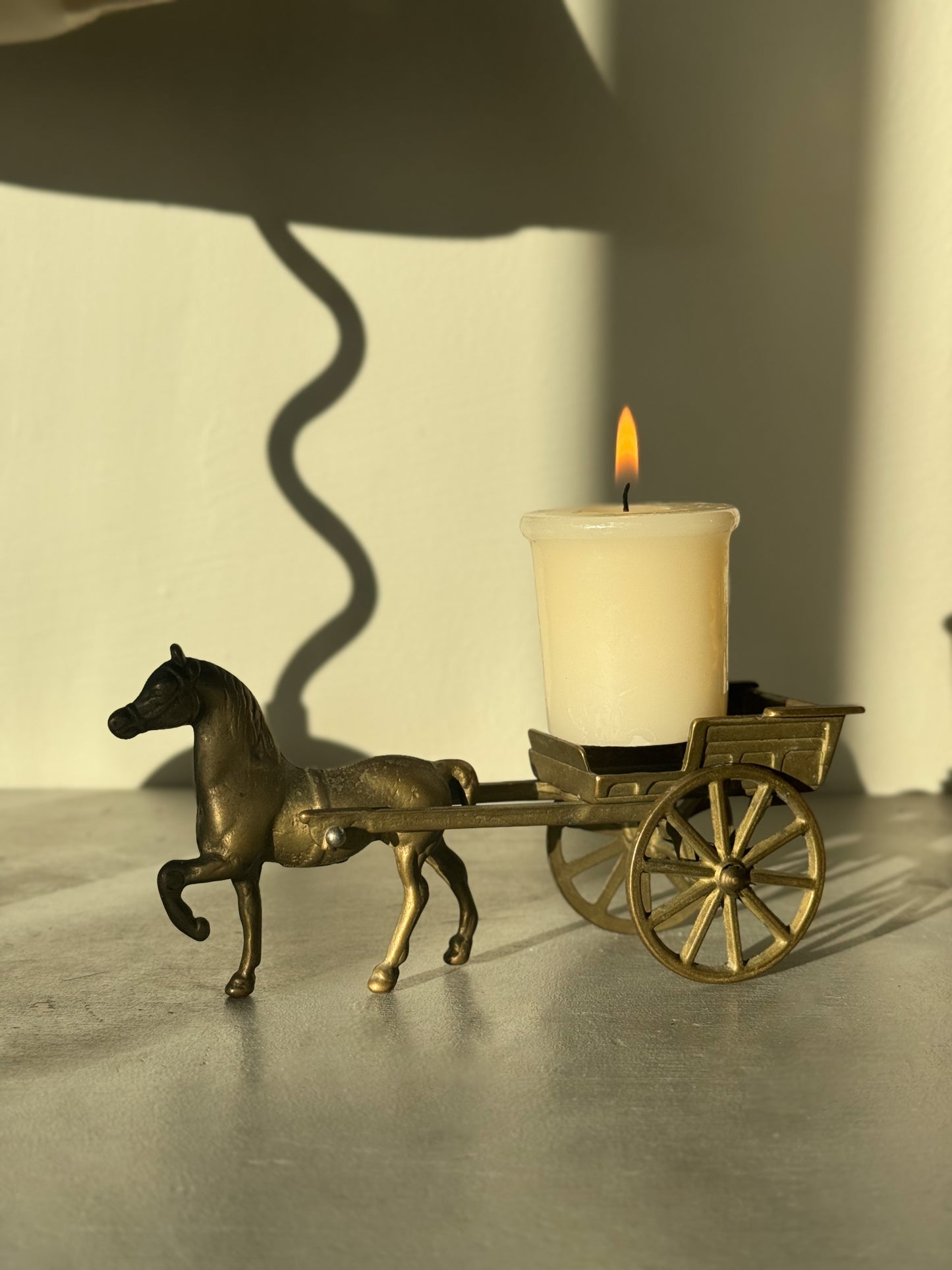 Vintage Brass Horse & Cart With Turning Wheels