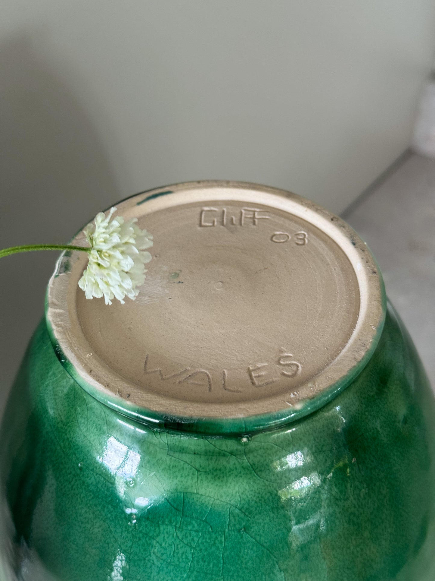 Large Welsh Studio Pottery Green Glazed Vase • Signed Welsh Folk Art