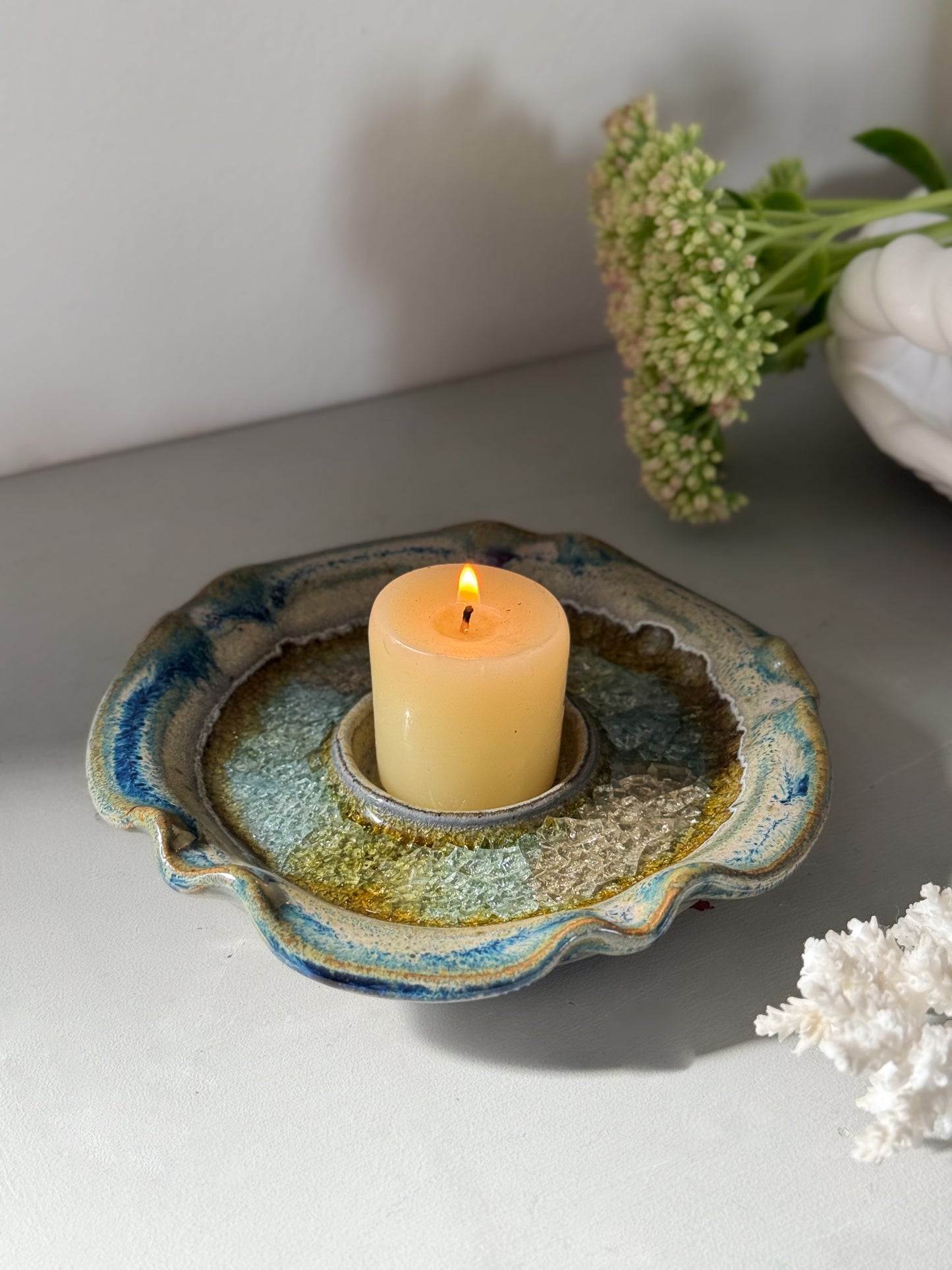 Vintage Studio Pottery Crackle-Glaze Candle Holder