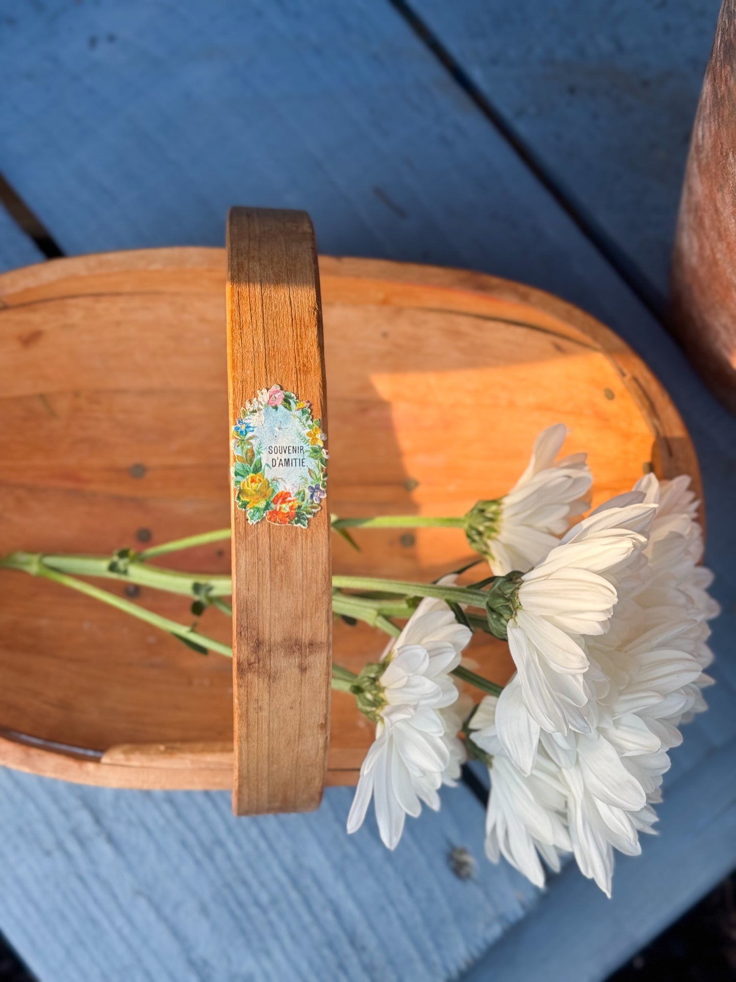 Vintage Wooden Gathering Basket with ‘Souvenir d’Amitié’ (Keepsake of Friendship Label’
