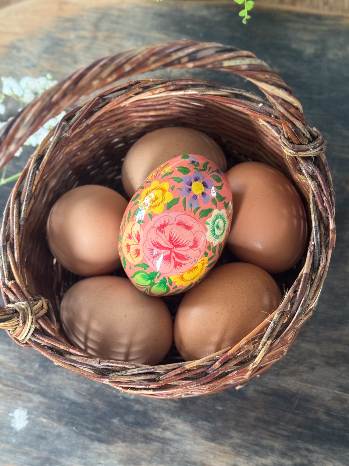Vintage Hand-Painted Pink Floral Wooden Easter Egg