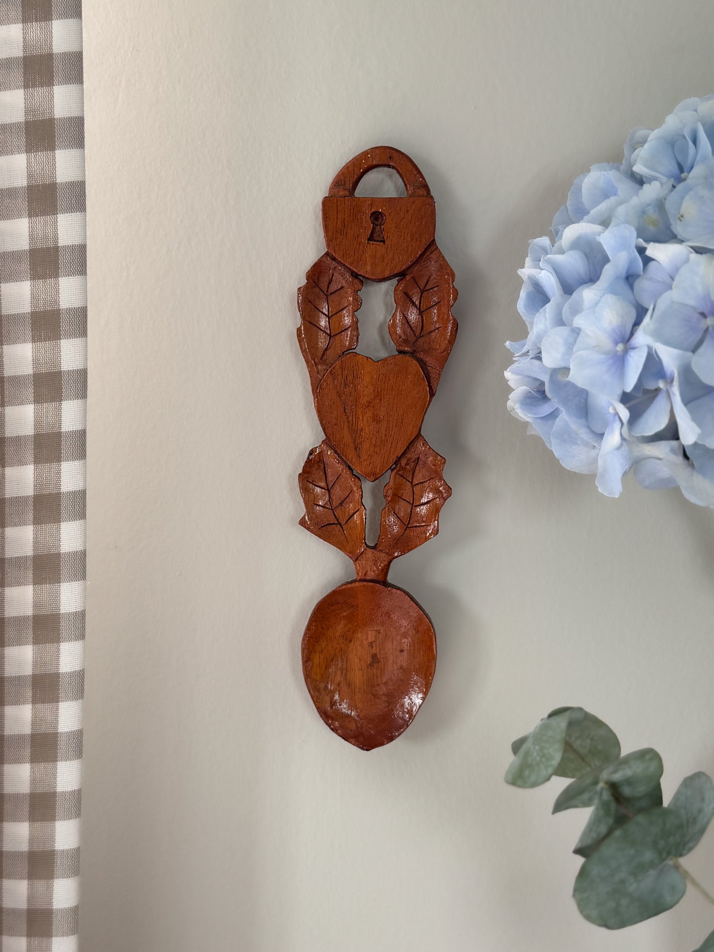 Vintage Hand-Carved Welsh Love Spoon with Lock, Heart & Leaf Motifs