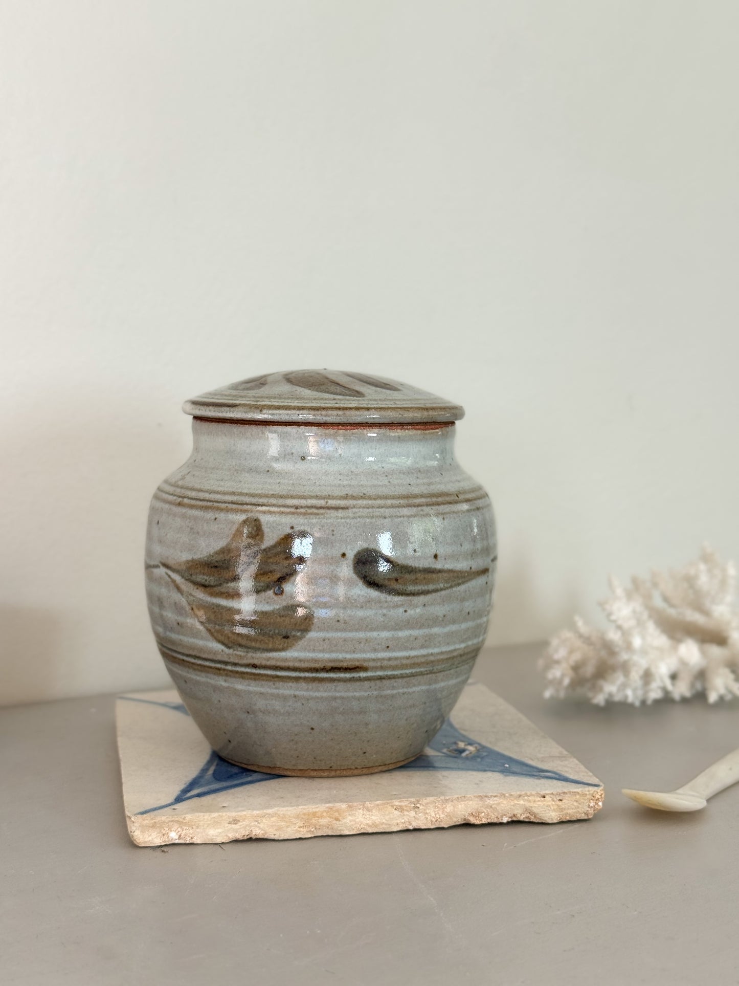 Vintage Studio Pottery Abstract Botanical Lidded Jar