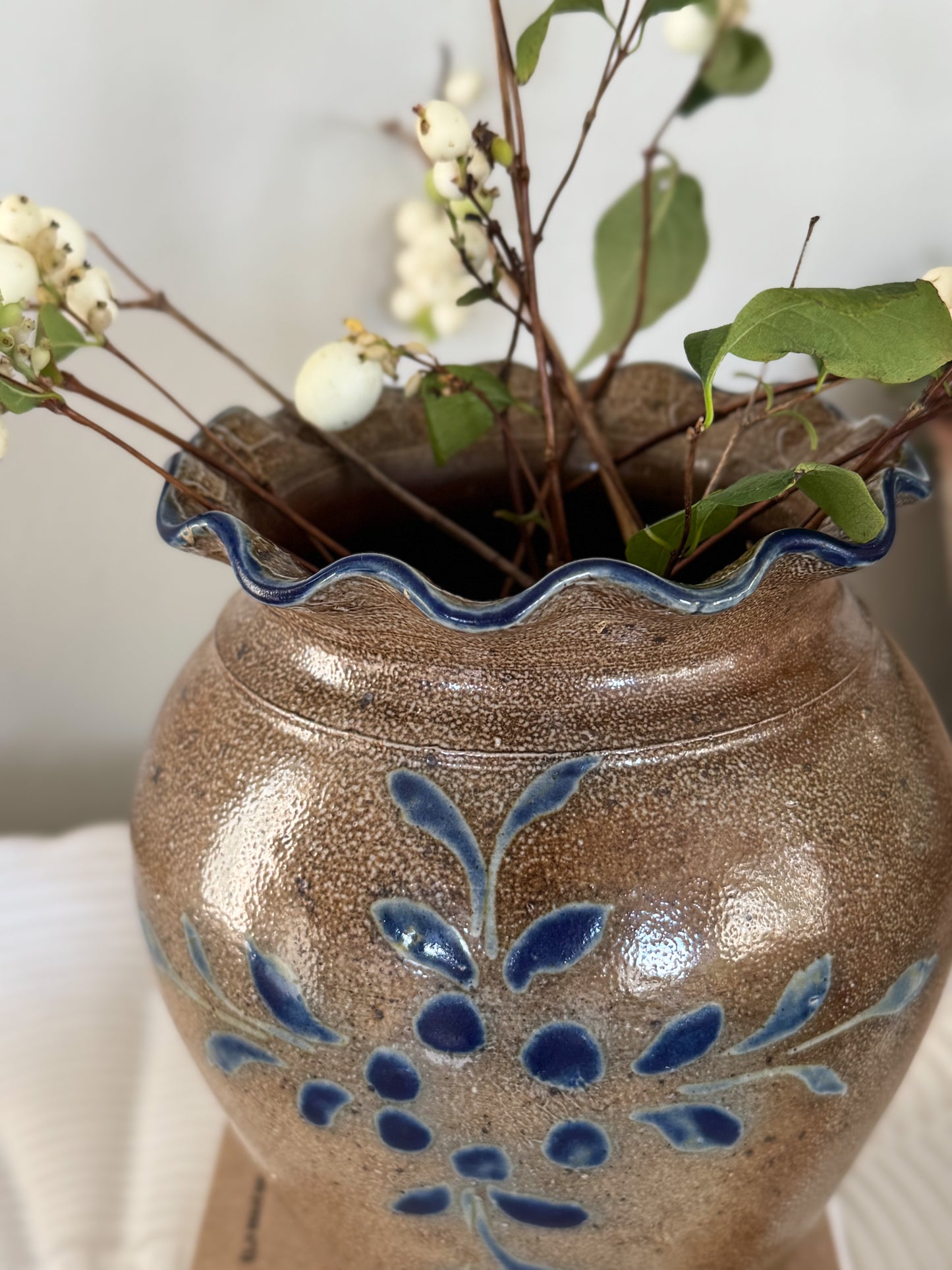Antique French Glazed Stoneware Vessel with Blue Floral Design and Scalloped Rim