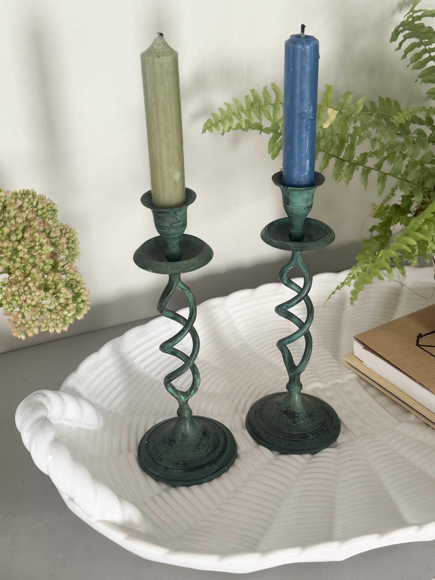 Pair of Vintage Twisted Stem Brass Verdigris Candlestick Holders