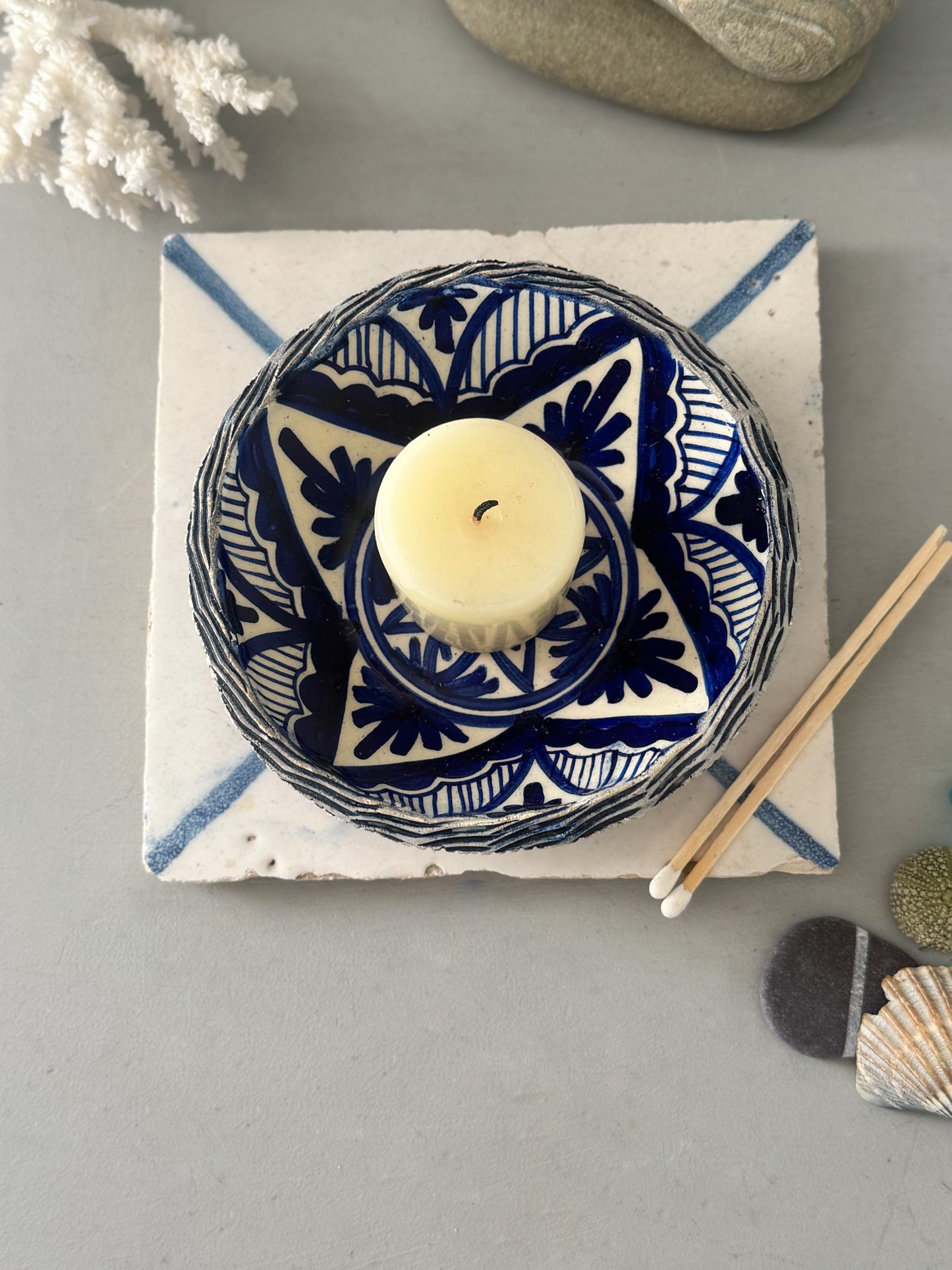 Vintage Blue & White Glazed Bowl Trinket with Lattice Detailing