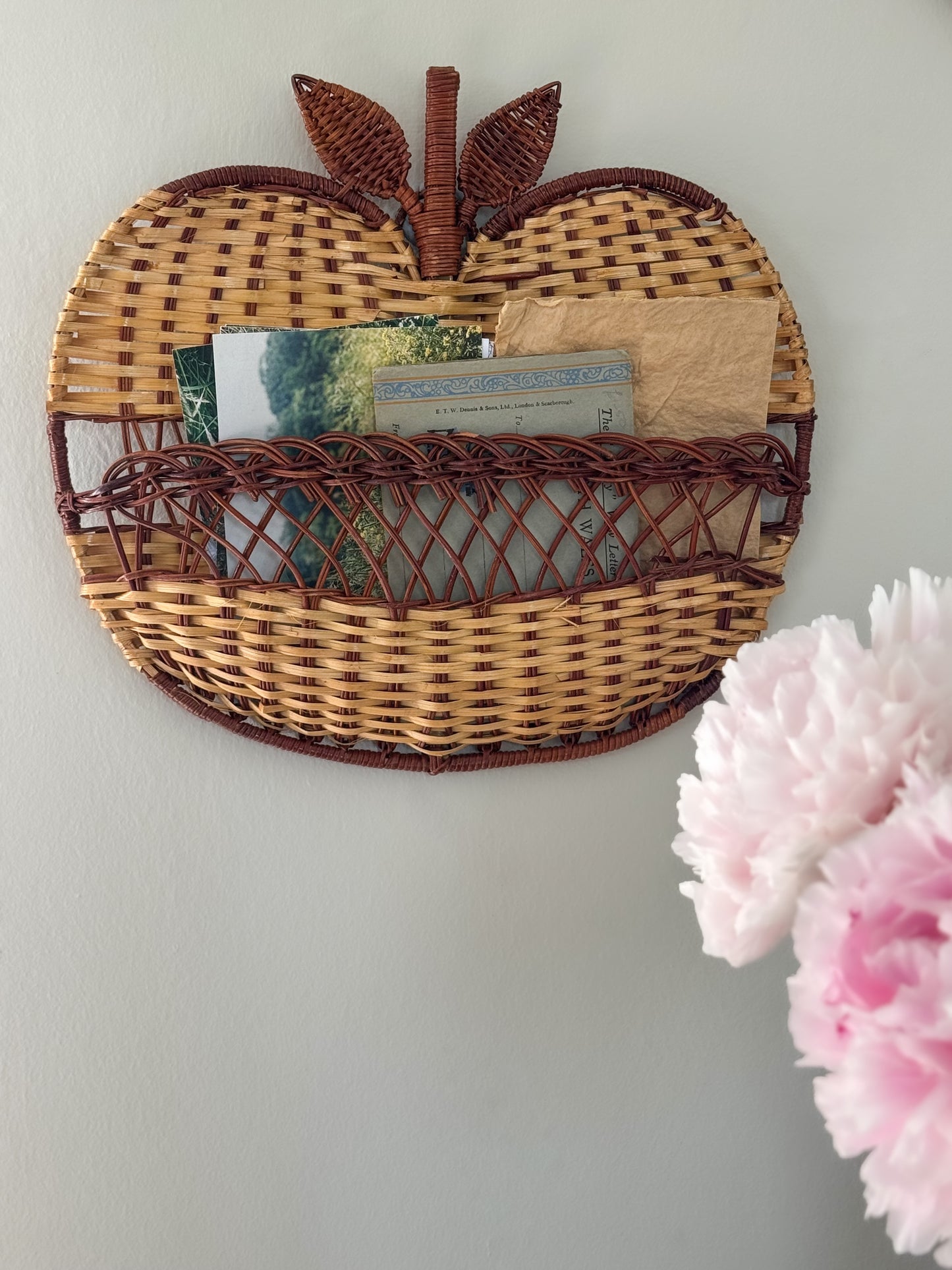 Vintage Midcentury Wicker Apple Wall Pocket / Letter Rack