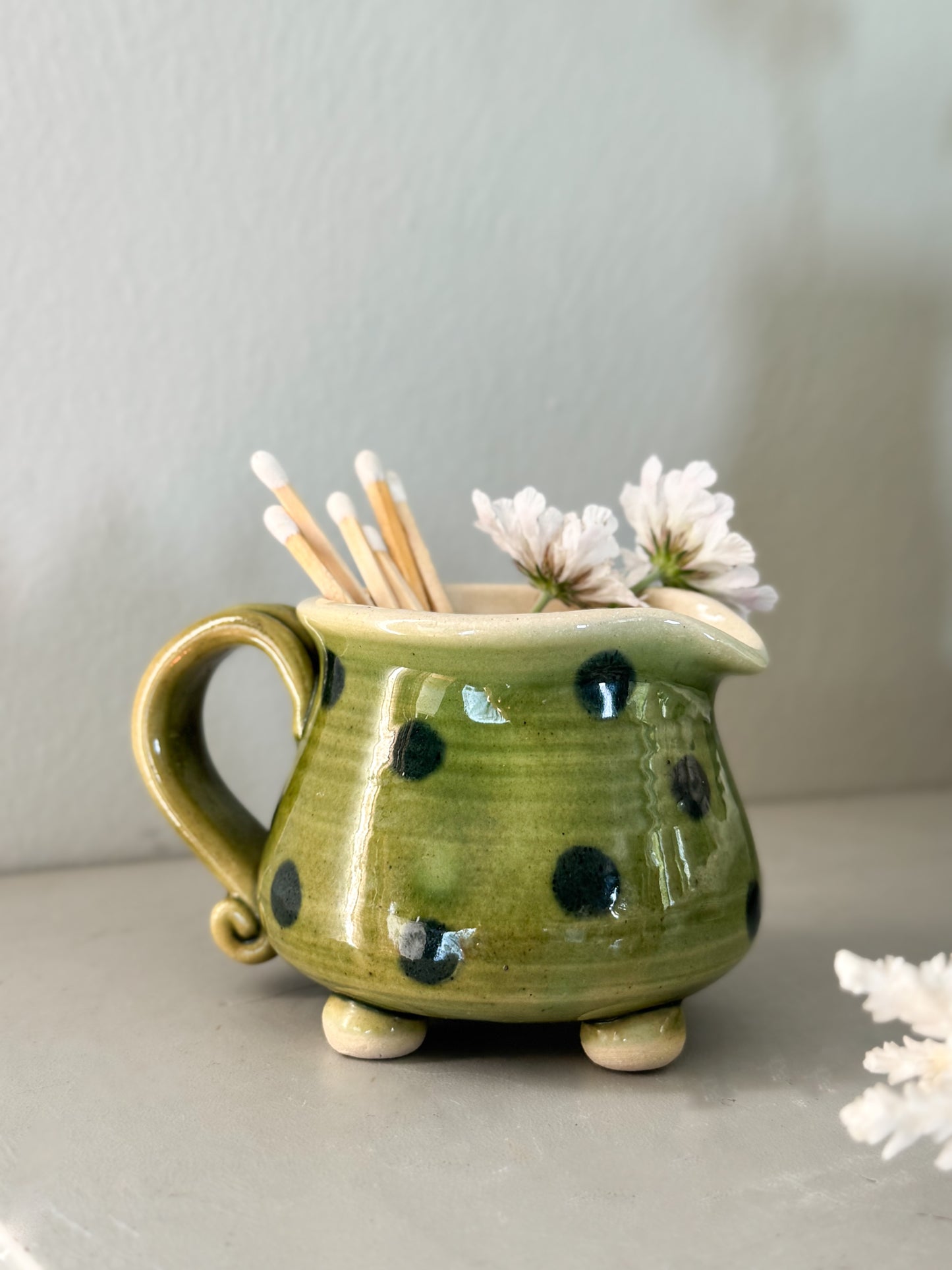 Vintage Olive Green Polka Dot Footed Creamer / Match Pot