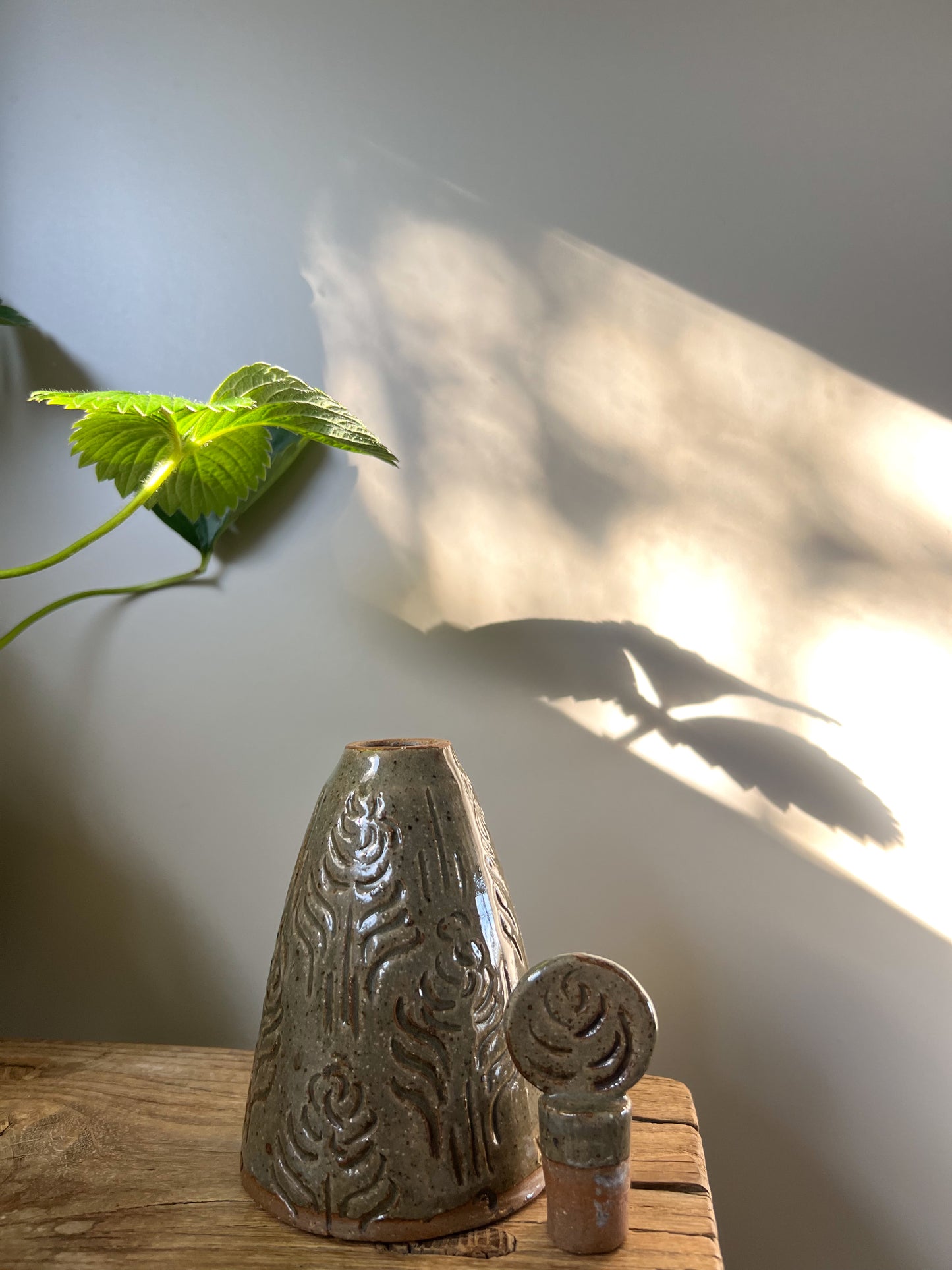 Vintage Studio Pottery Ceramic Glazed Bottle with Stopper • Signed D.L