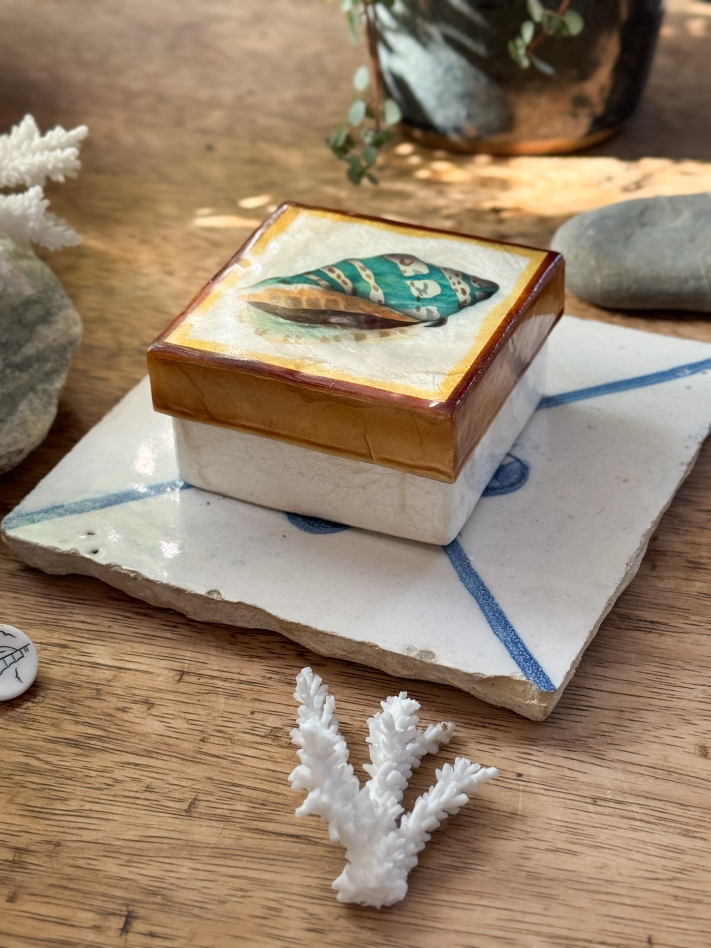 Vintage Capiz Shell Box with Painted Sea Shell Lid